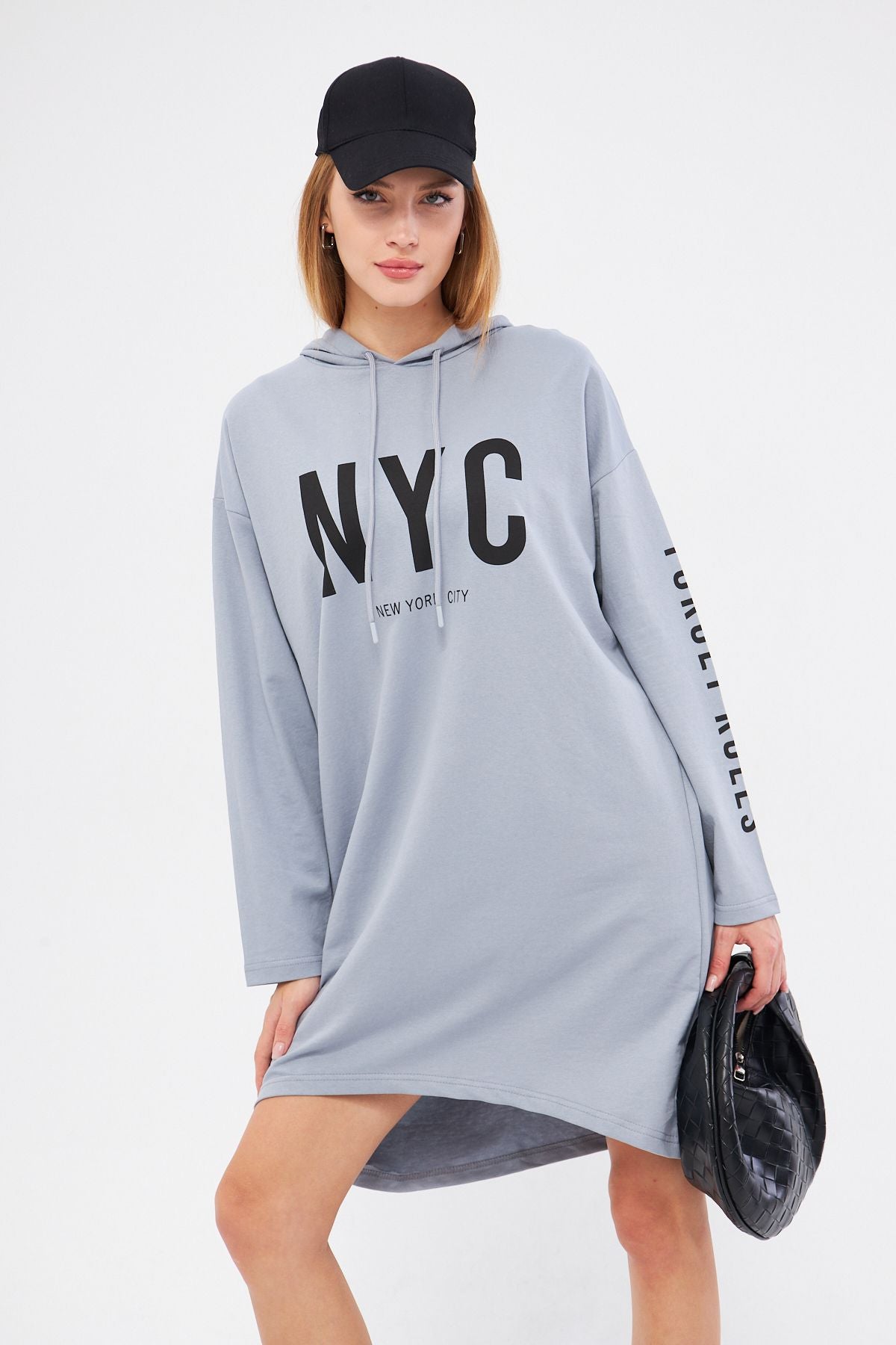 Woman Gray Nyc Written Arms Printed Dress ARM-21K024021