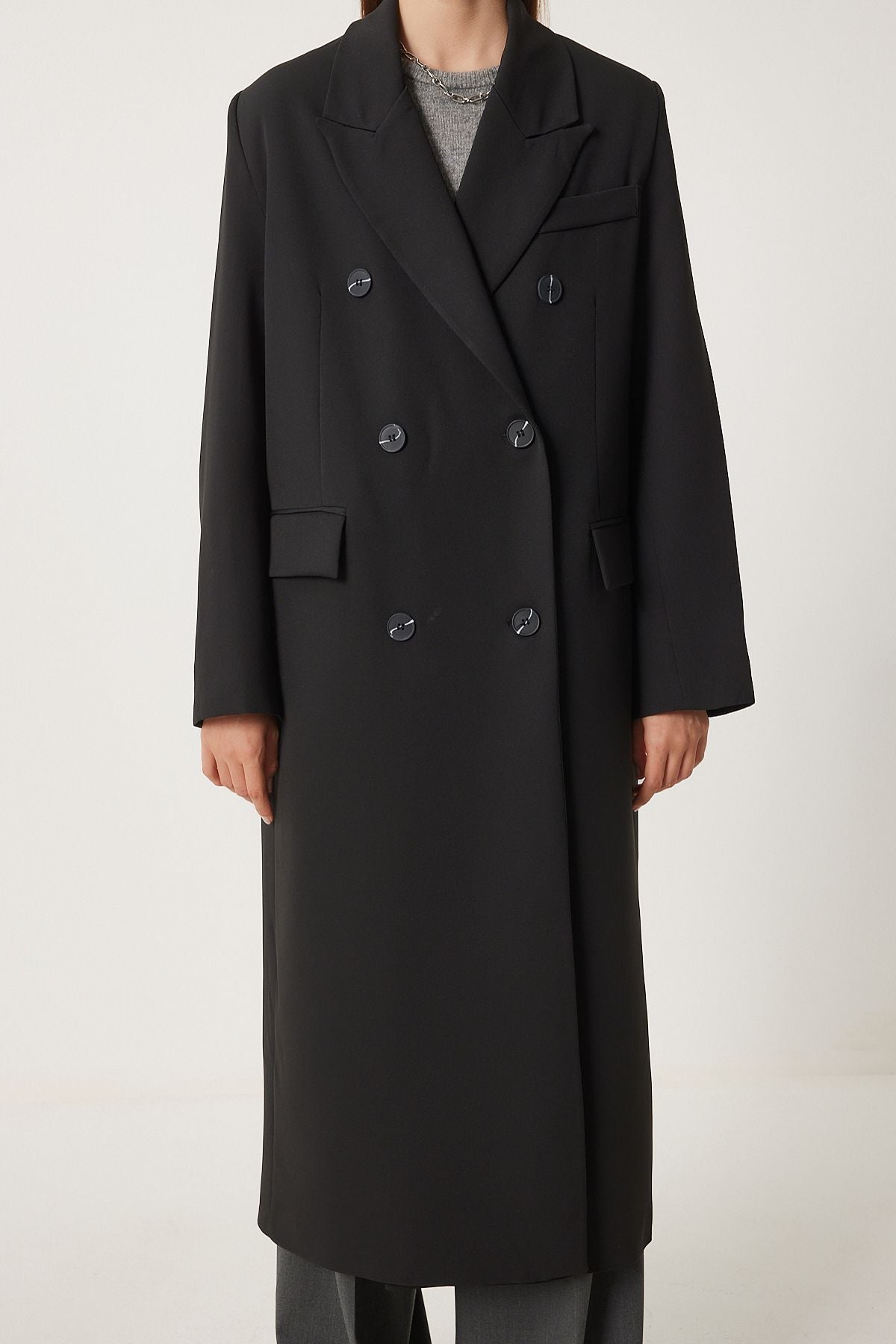 Female Black Shawl Yaka Oversize Premium Woven Jacket Coat FN03381