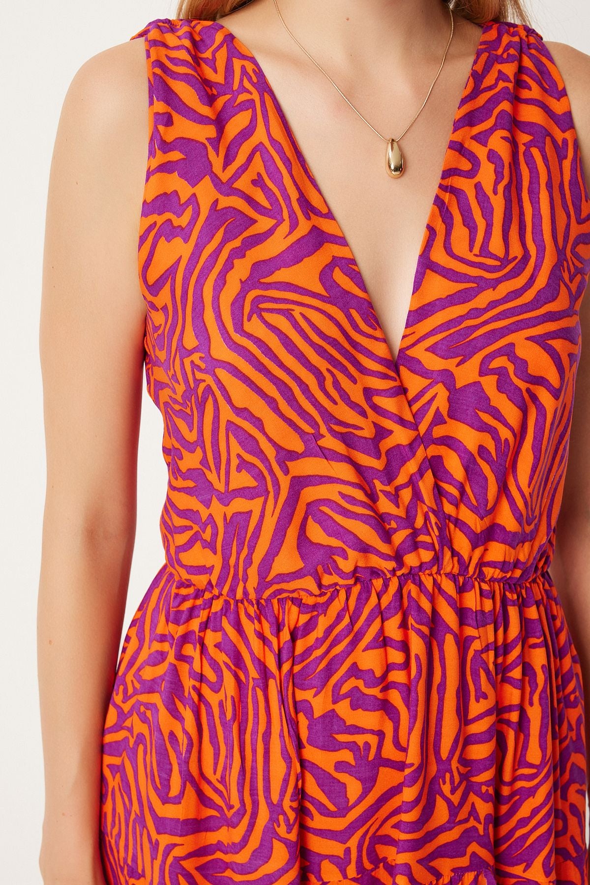 Female Oranj Purple Patterned V -Neck Summer Viscose Dress CI00110