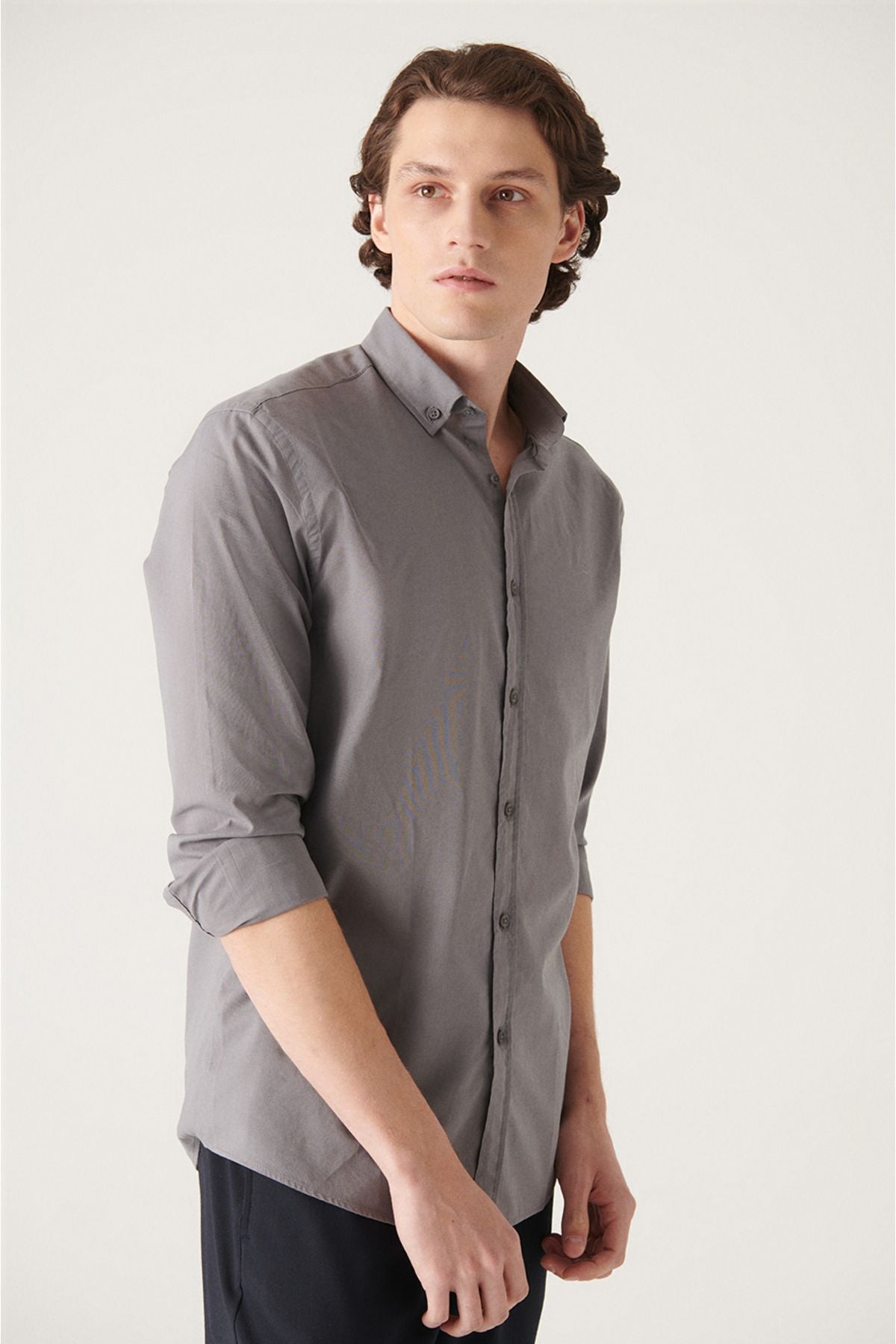 Men's Anthracite Shirt 100% Cotton Thin Soft Button Collar Long Sleeve Regular Fit E002206