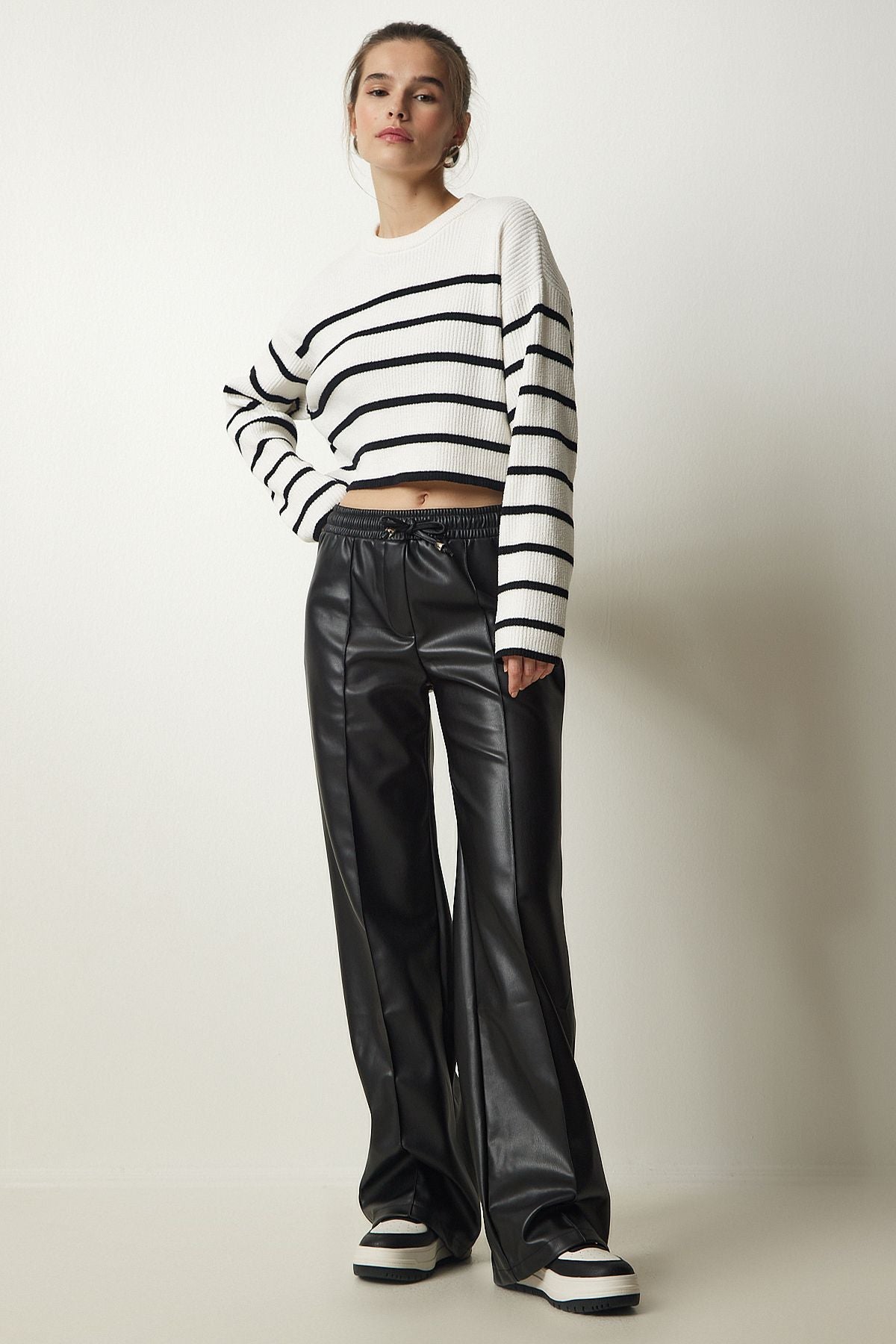 Female Black Premium Laced Artificial Leather Pants FN03156