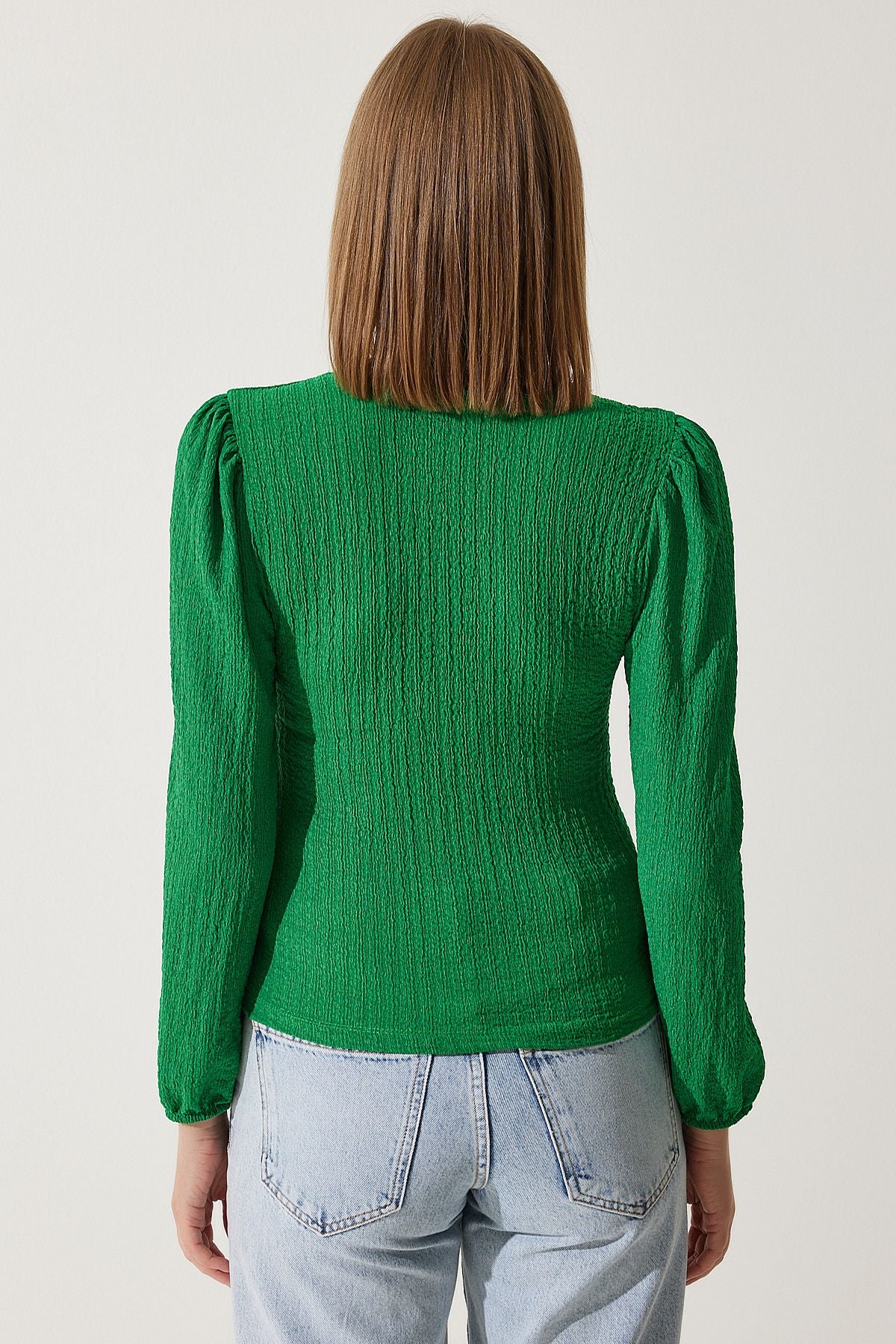 Woman Dark Green Square Collar textured knitted blouse DD01111