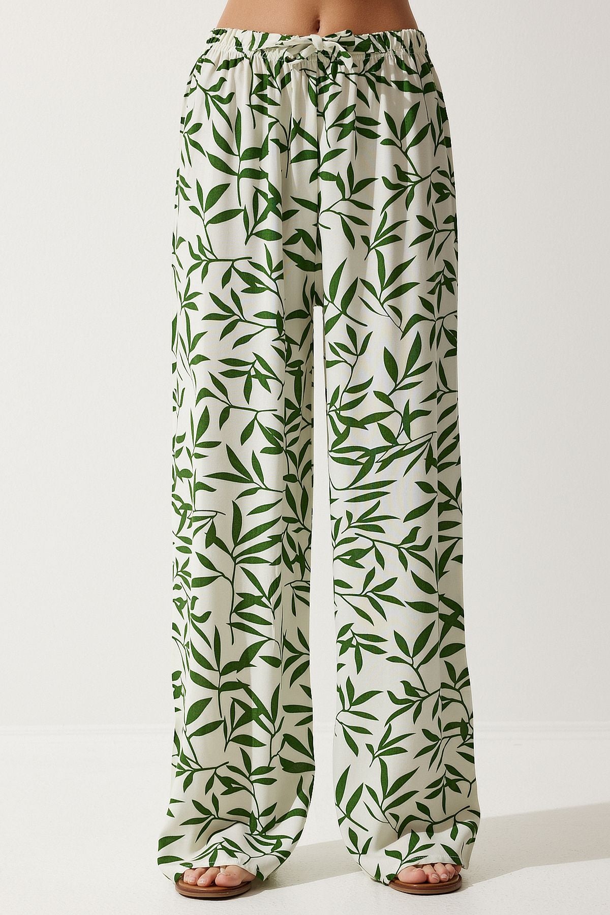 Female Ecru Green Patterned Viscose Palazzo Pants EN00606