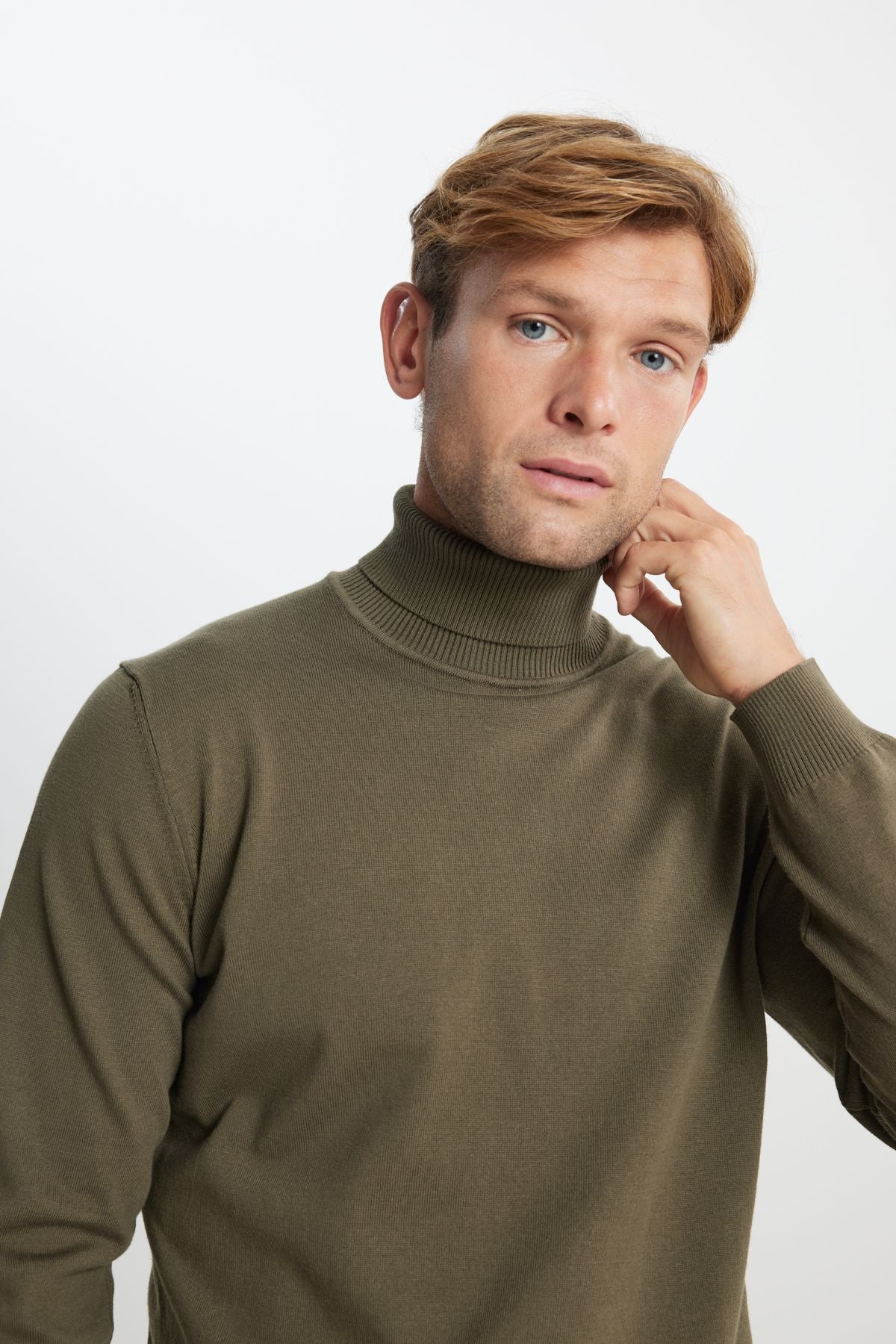 Men's Khaki Cotton Standard Fit Normal Cut Full Fisherman Neck Basic Knitwear Sweater