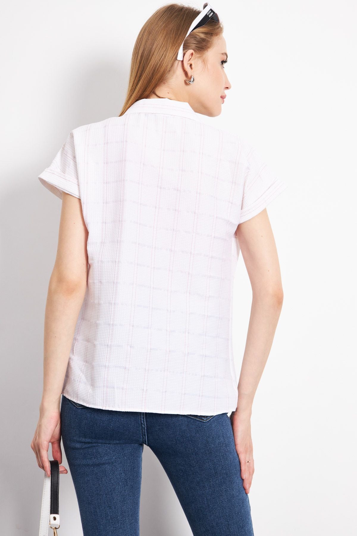 Woman Red-White striped short arm shirt ARM-24Y001067