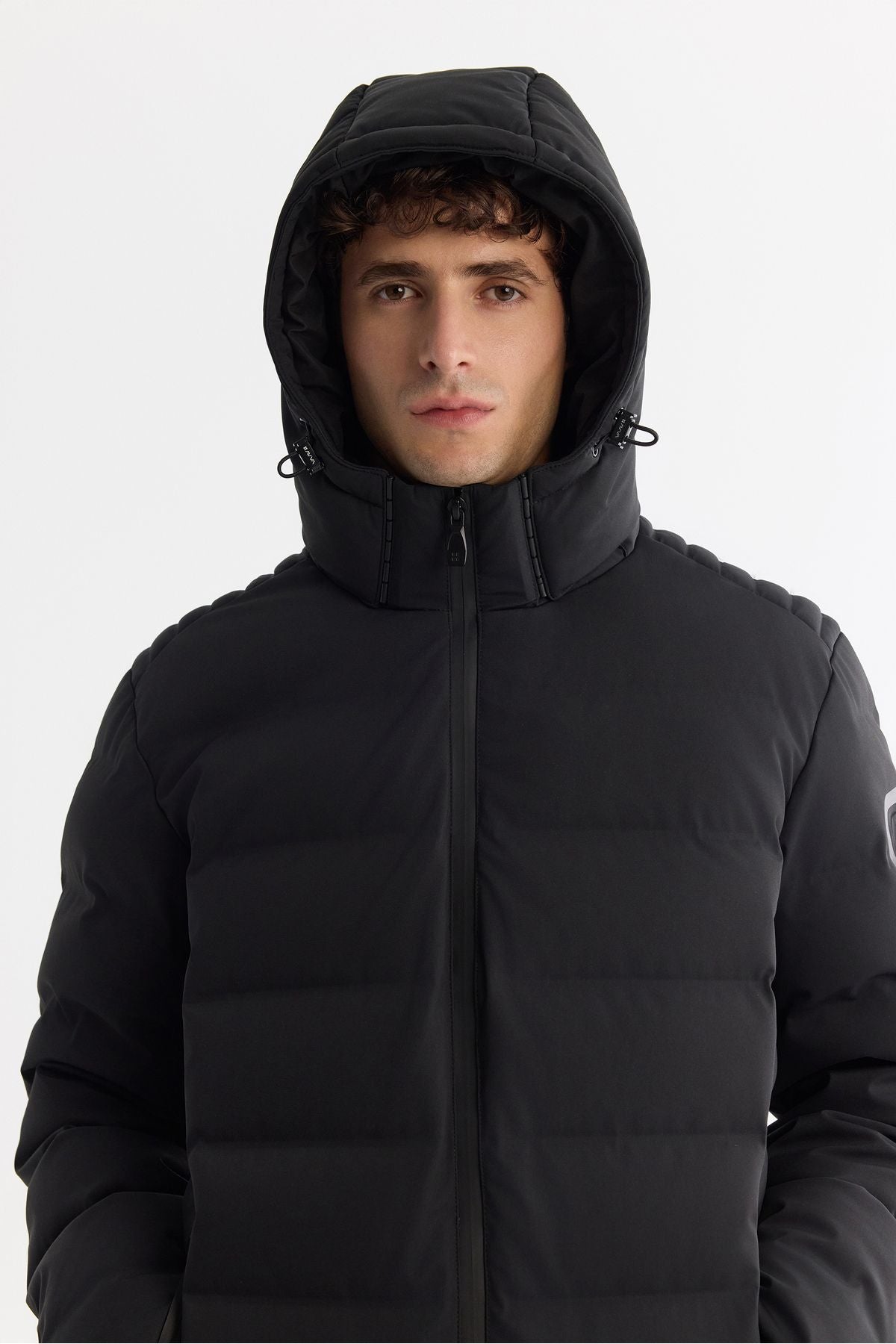 Men's black hooded goose feather water repulsion windproof thermometre swelling coat A42y6157