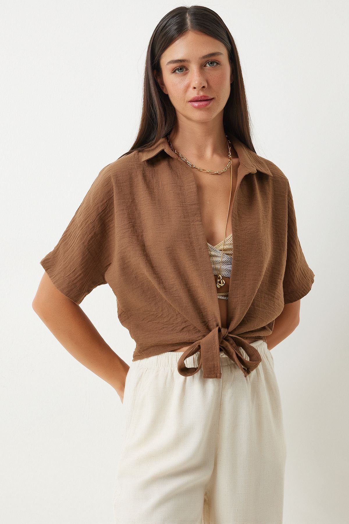 Female brown binding detailed linen blouse MX00151
