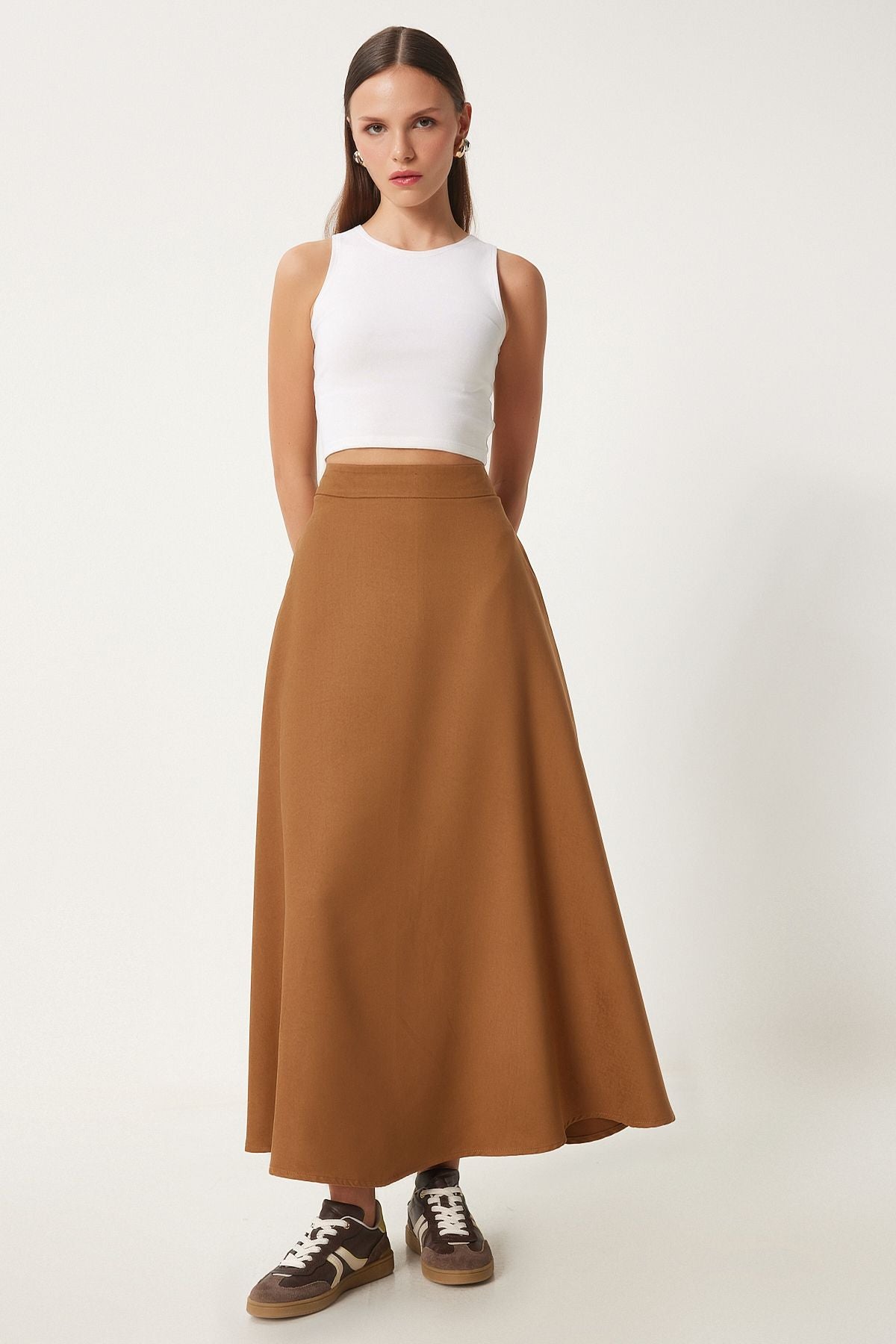 Female Camel Pocket Jacquard Süet Kloş Skirt RG00045