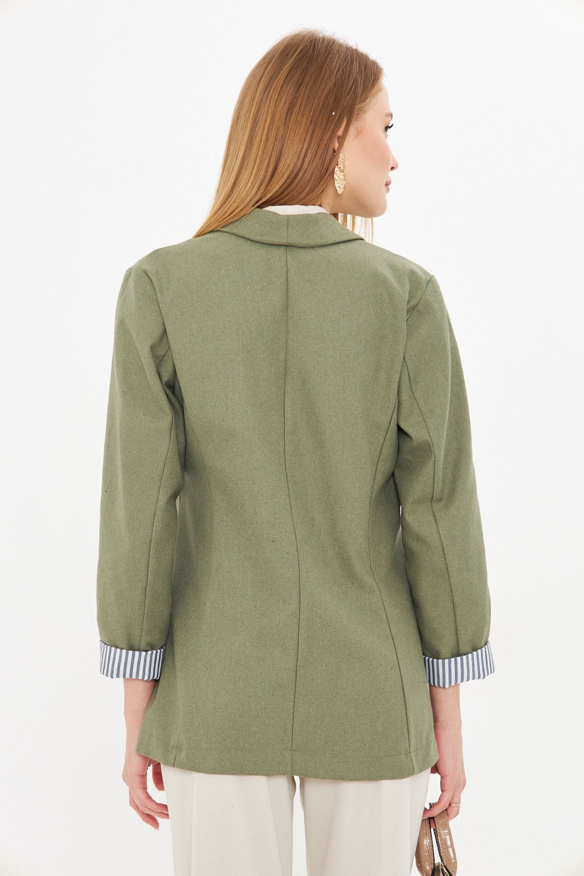 Female Green Arm Striped Single button Jacket ARM-22K001122