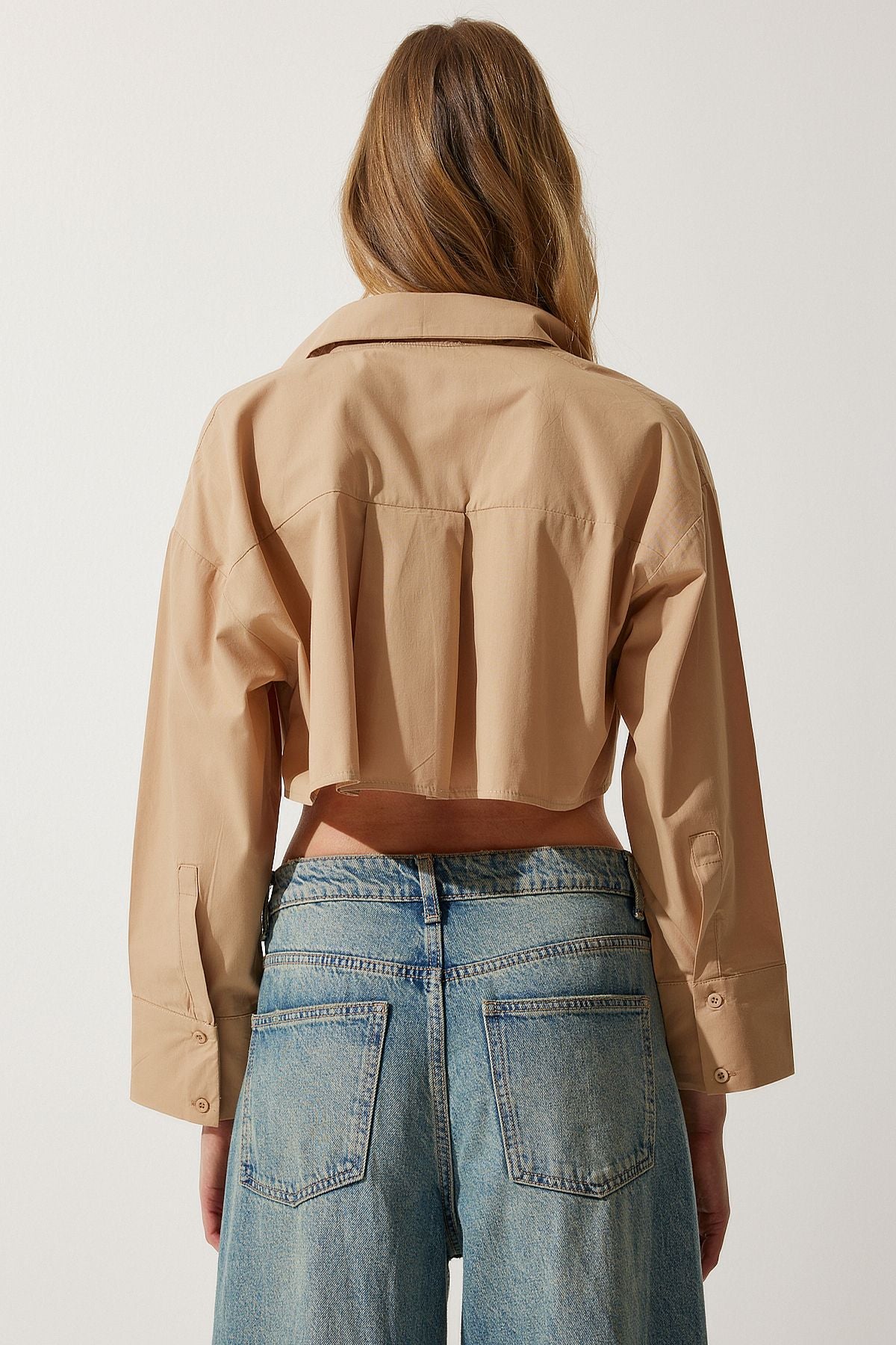 Woman Sand Zipper Poplin Crop Shirt WF00067