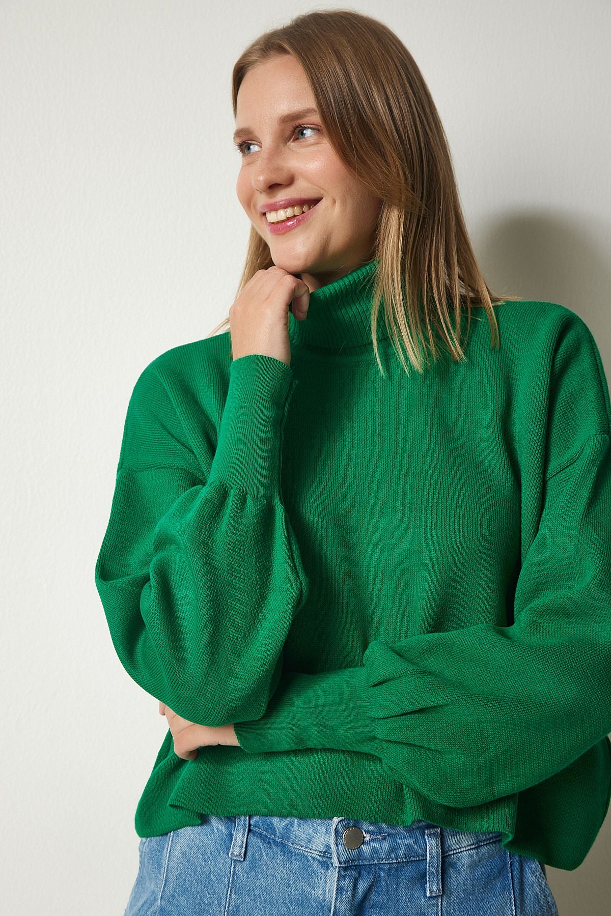 Female green fisherman collar comfortable knitwear sweater kg00007