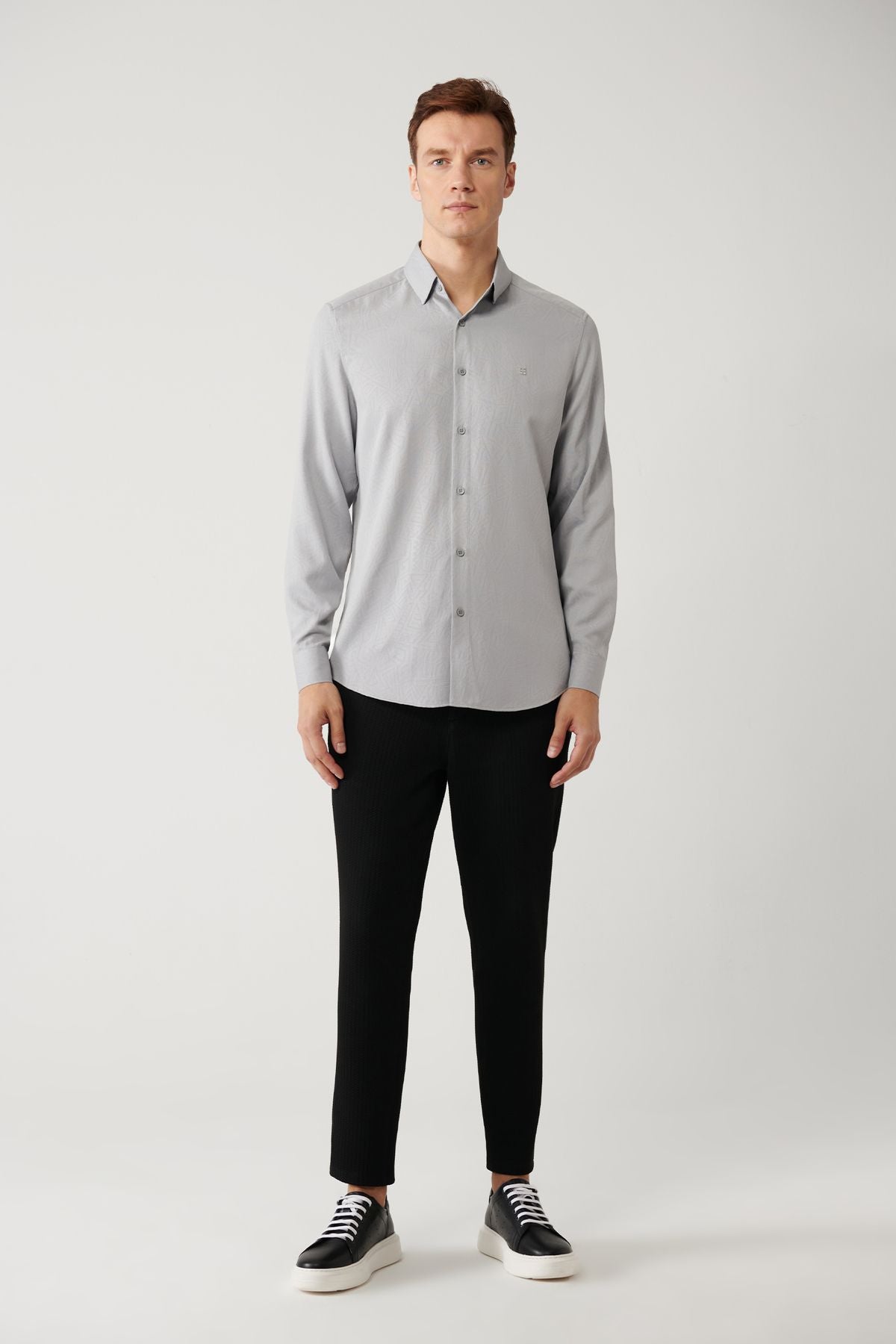 Men's gray bottom Britli collar easily ironable shirt A41y2043