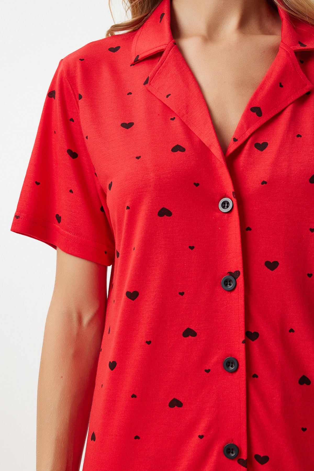 Female red -hearted shirt pants pajama set EC00036