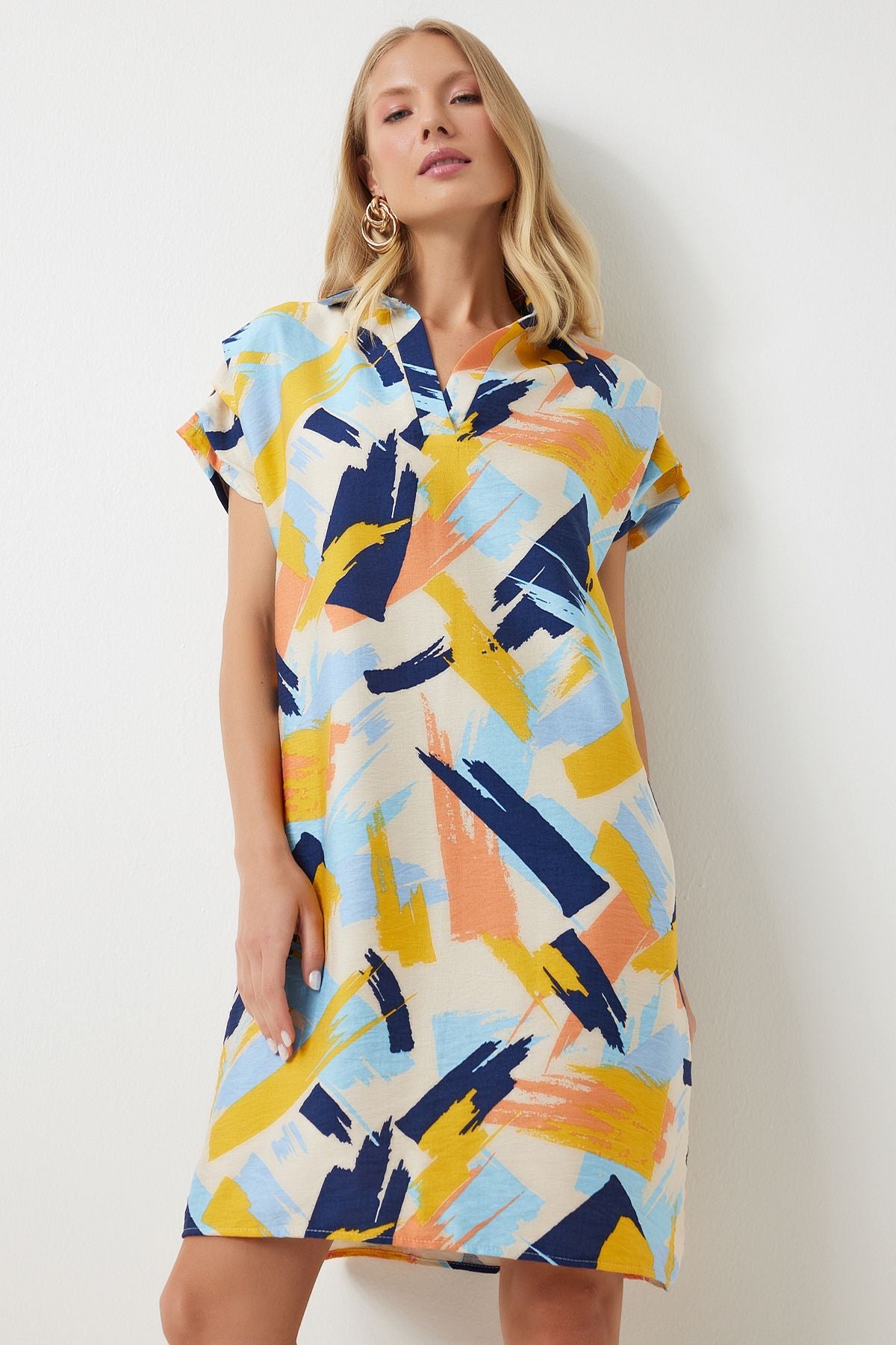 Woman Yellow Blue Polo Yaka Patterned Summer Dress of00001
