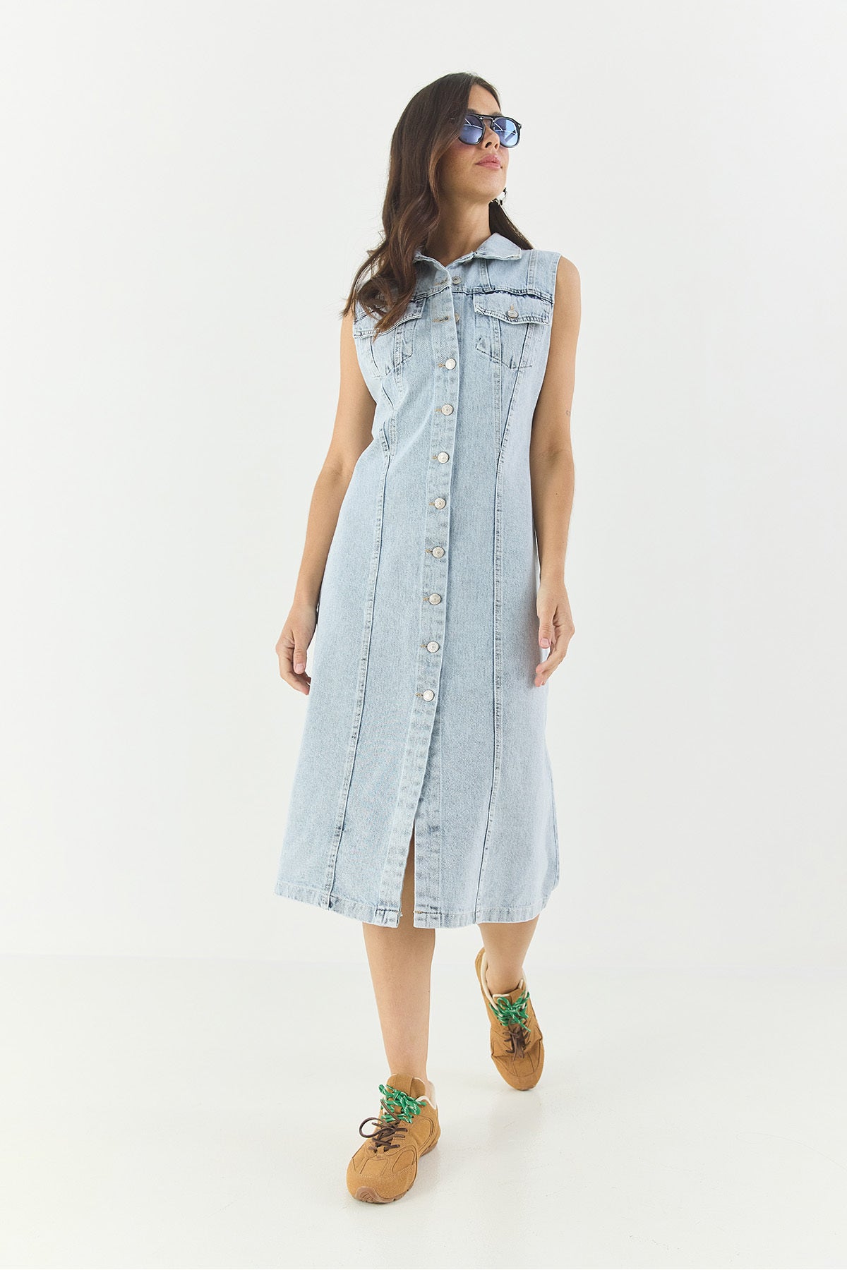 Women's Waist-Fitting, Covered Pockets, Zero Sleeves, Buttoned Denim Dress 3575 60283288