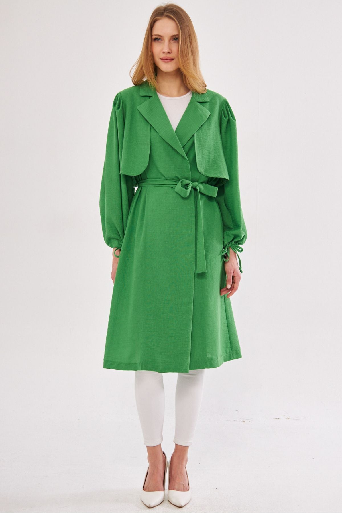 Female Green Ennea Trench coat arms Pleated Belled Arm Mouth Lace Lace Detail Arm-24Y001030