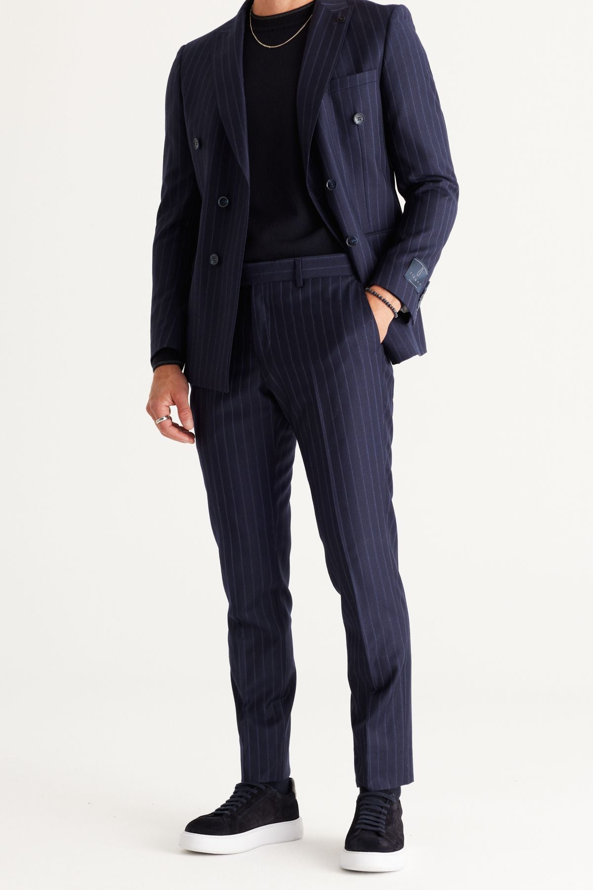 Men's Navy Blue Slim Fit Narrow Cut Swallow Collar 100 %Wool Striped Suit