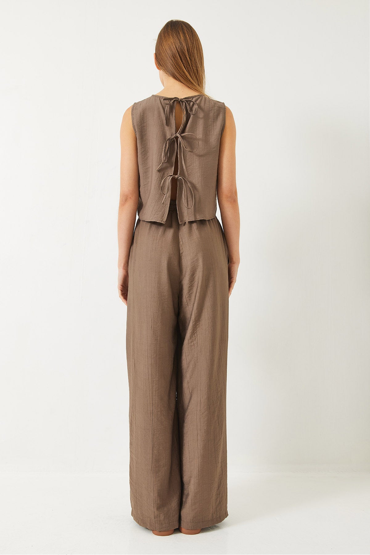 Women's Summer Top and Bottom Set with Tie Detail Vest and High Waist Trousers 9310 60281013