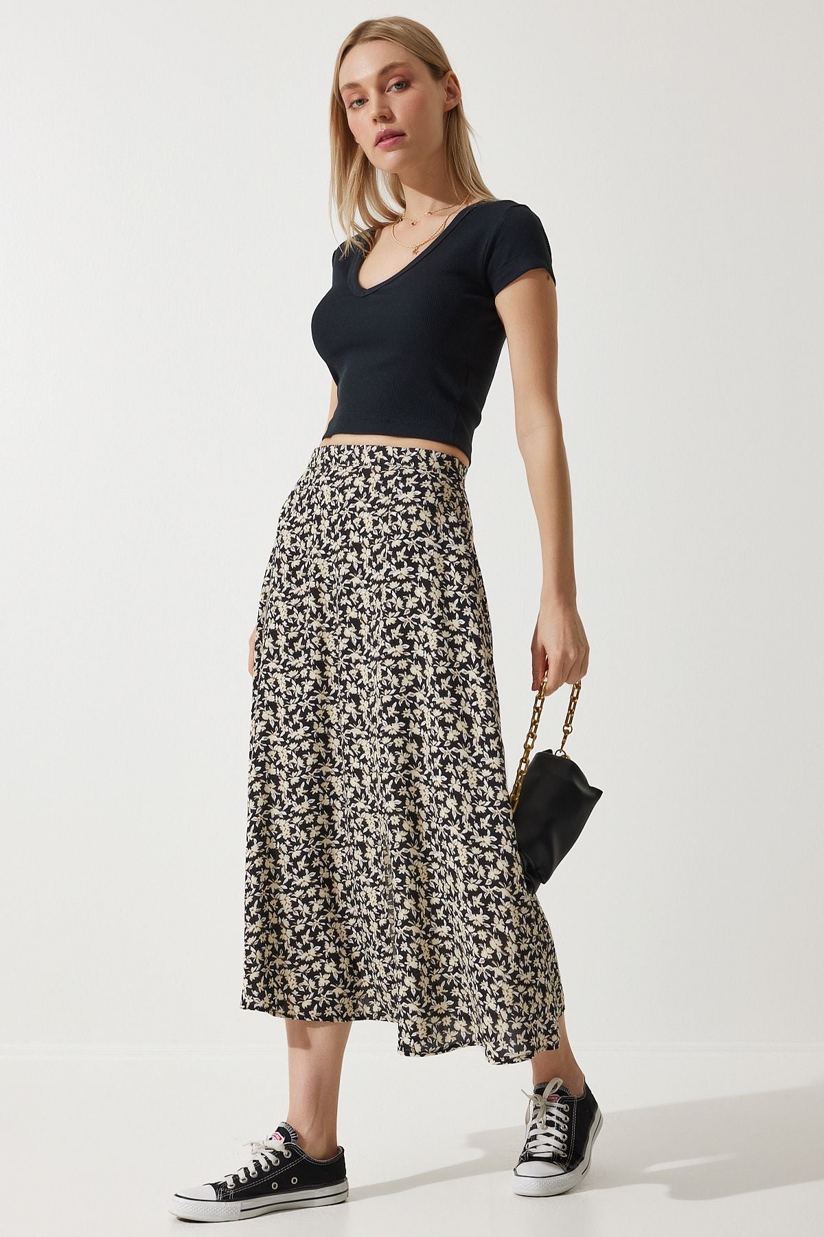 Female Black Beige Flower Swantry Summer Viscose Skirt MX00165