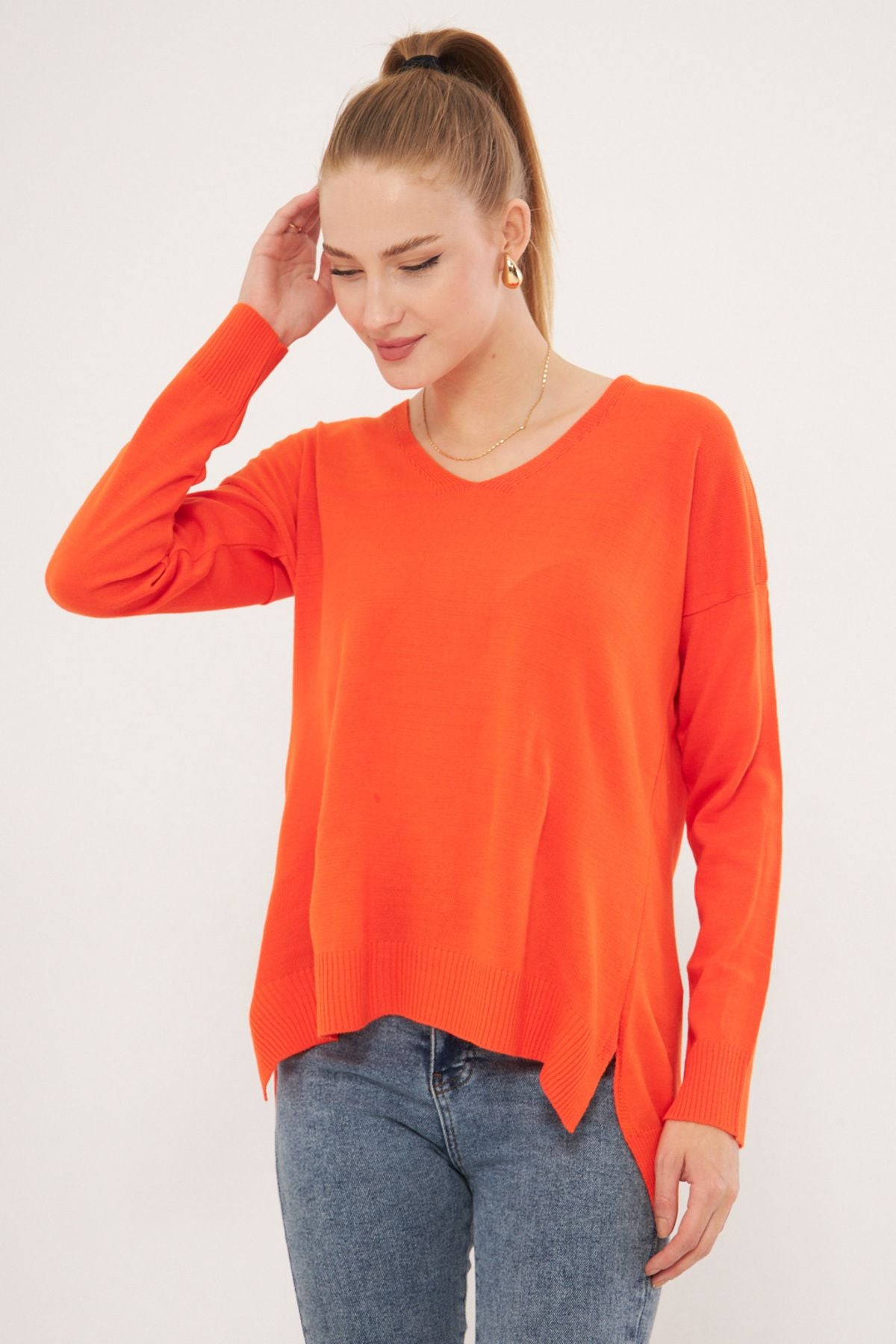 Women's Orange V-Neck front short back long knitwear sweater ARM-22Y012013