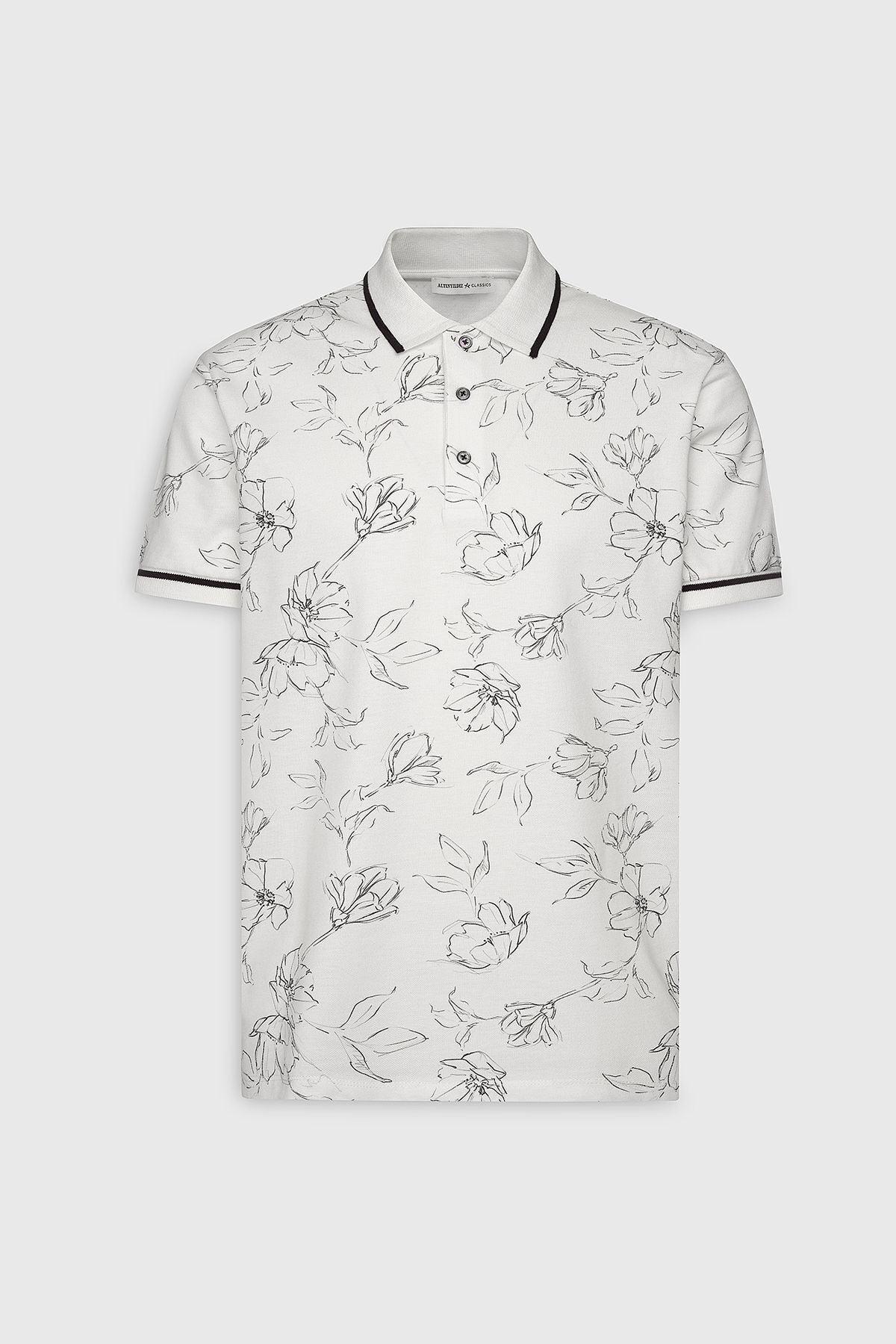 Men's white-lacivert slim fit narrow cut 100 %cotton flower printed polo collar t-shirt