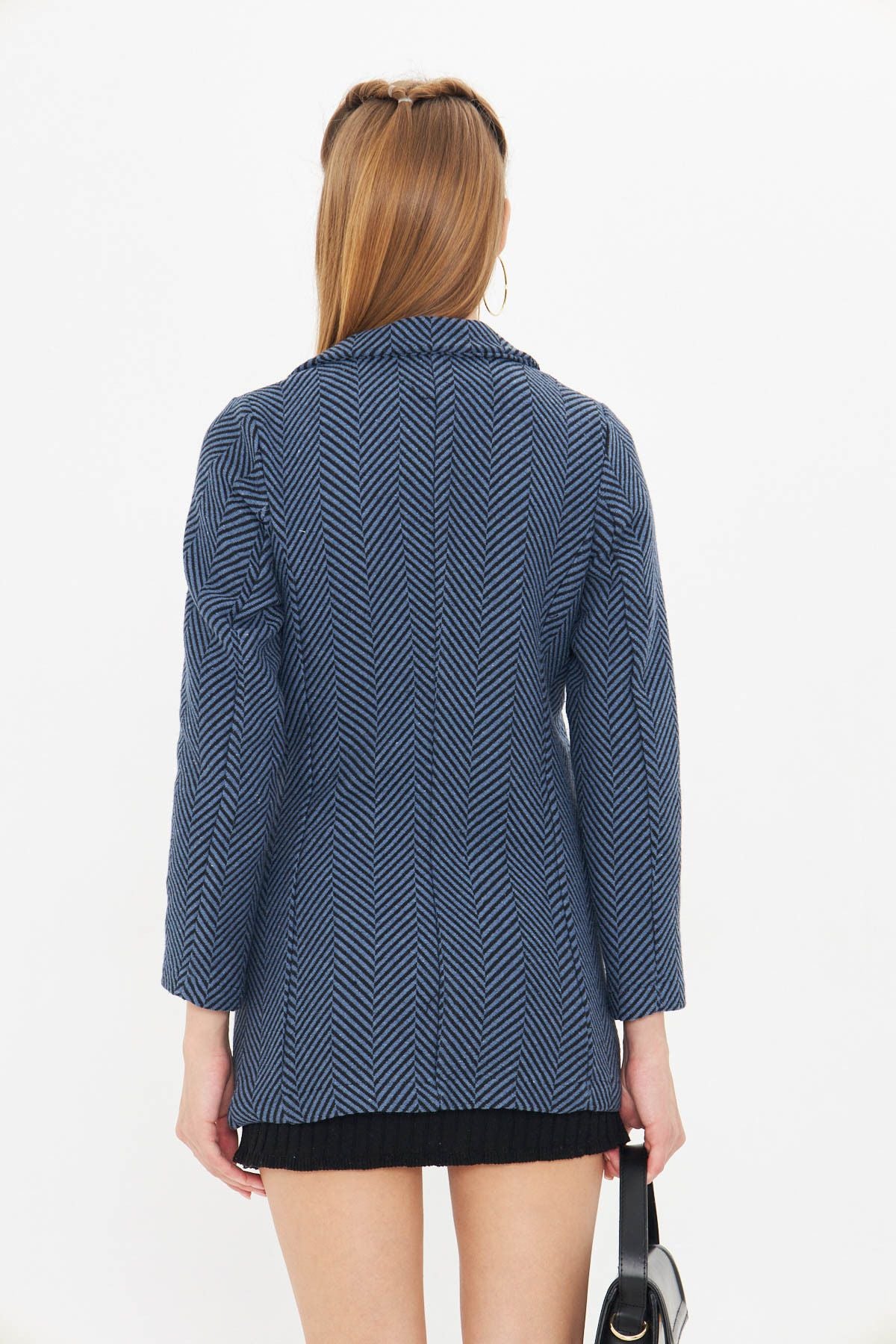 Woman Dark Blue Side Fish Pattern Pattern Stamp Jacket ARM-25K001074