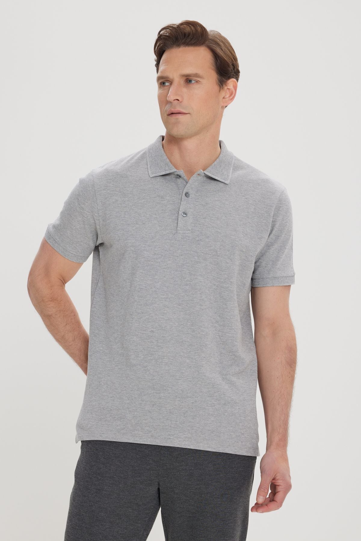 Men's Gray Melanj 100 %Cotton Curlled Pike Polo Slim Slim Fit Narrow Cut T -shirt