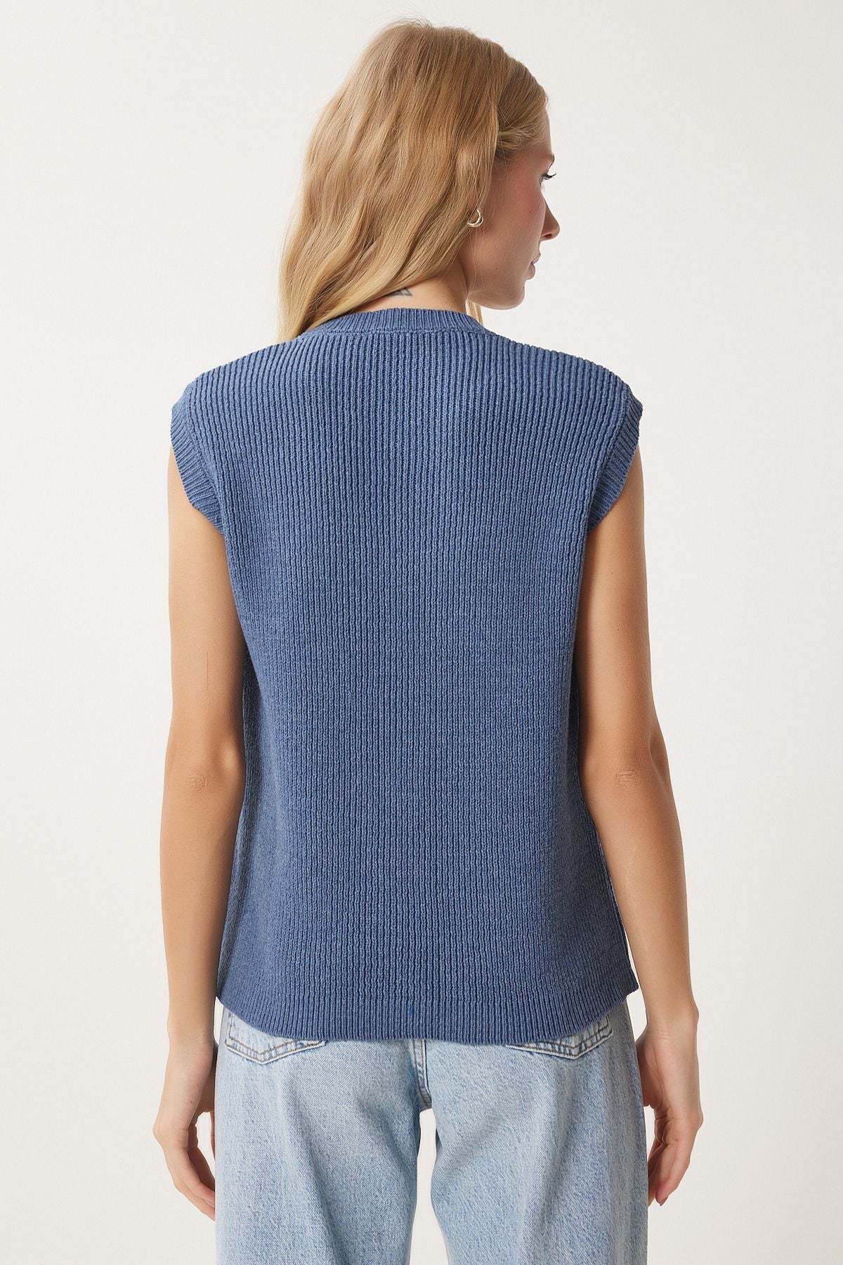 Women's Indigo Blue Stylish button with pocket knitwear vest US00948