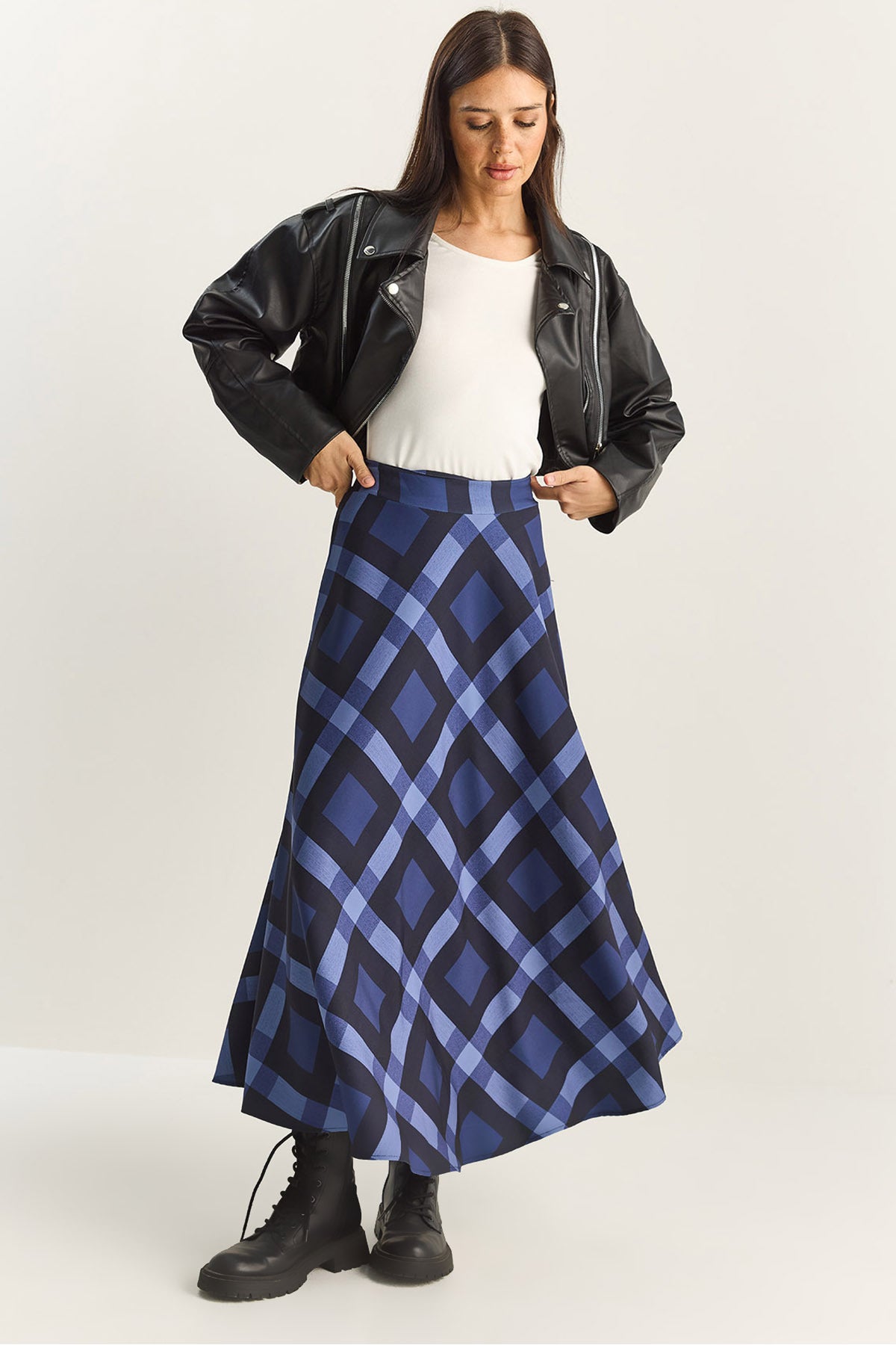 Women's Plaid Patterned Lined Maxi Flared Skirt DE251118 60283879