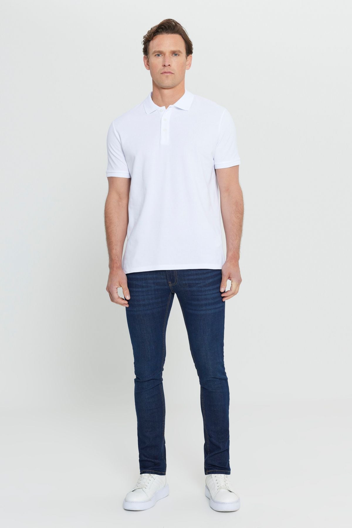 Men's White 100 %Cotton Curlled Pike Sada Slim Fit Narrow Cut T -shirt