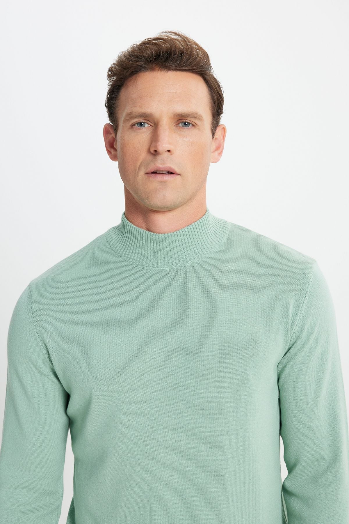 Men's Water Green Standard Fit Normal Cut Half Fisherman Collar Cotton Knitwear Sweater