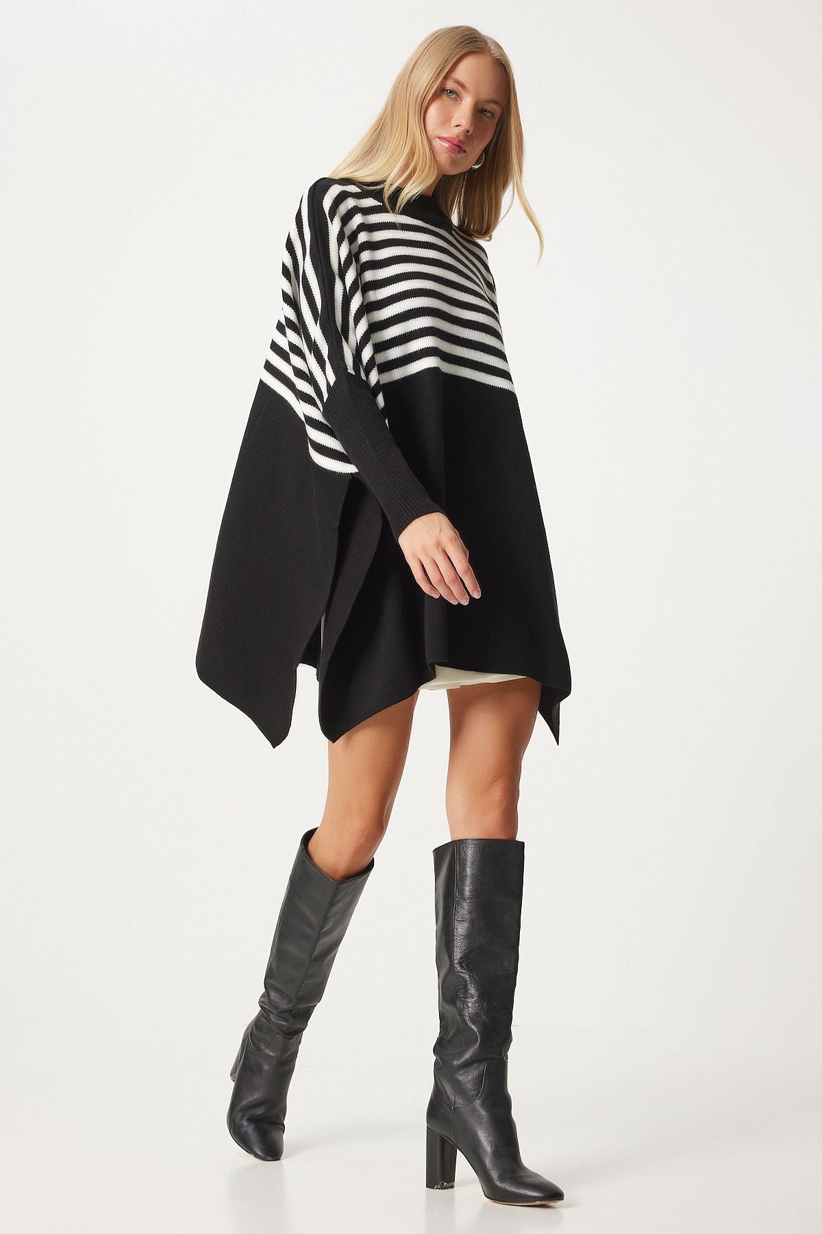 Women's black striped side slit overlawing poncho sweater DD01336