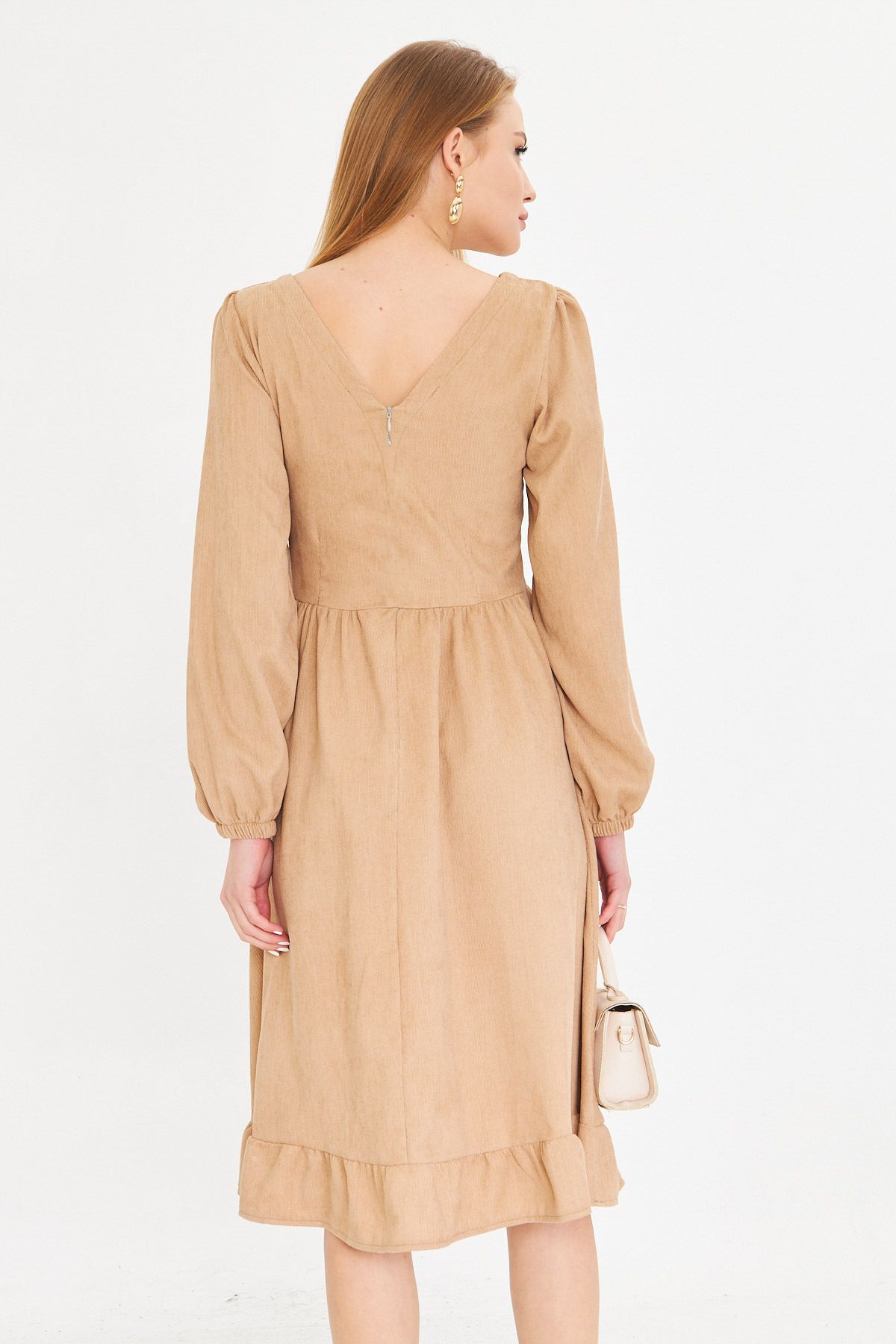 Female Beige U Back Back Zipper Waist Midi Boy Velvet Dress ARM-25K001103