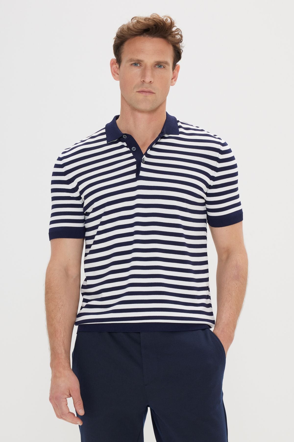 Men's Navy Blue-Ekru Standard Fit Normal Cutter Polo Yaka striped knitwear T-shirt