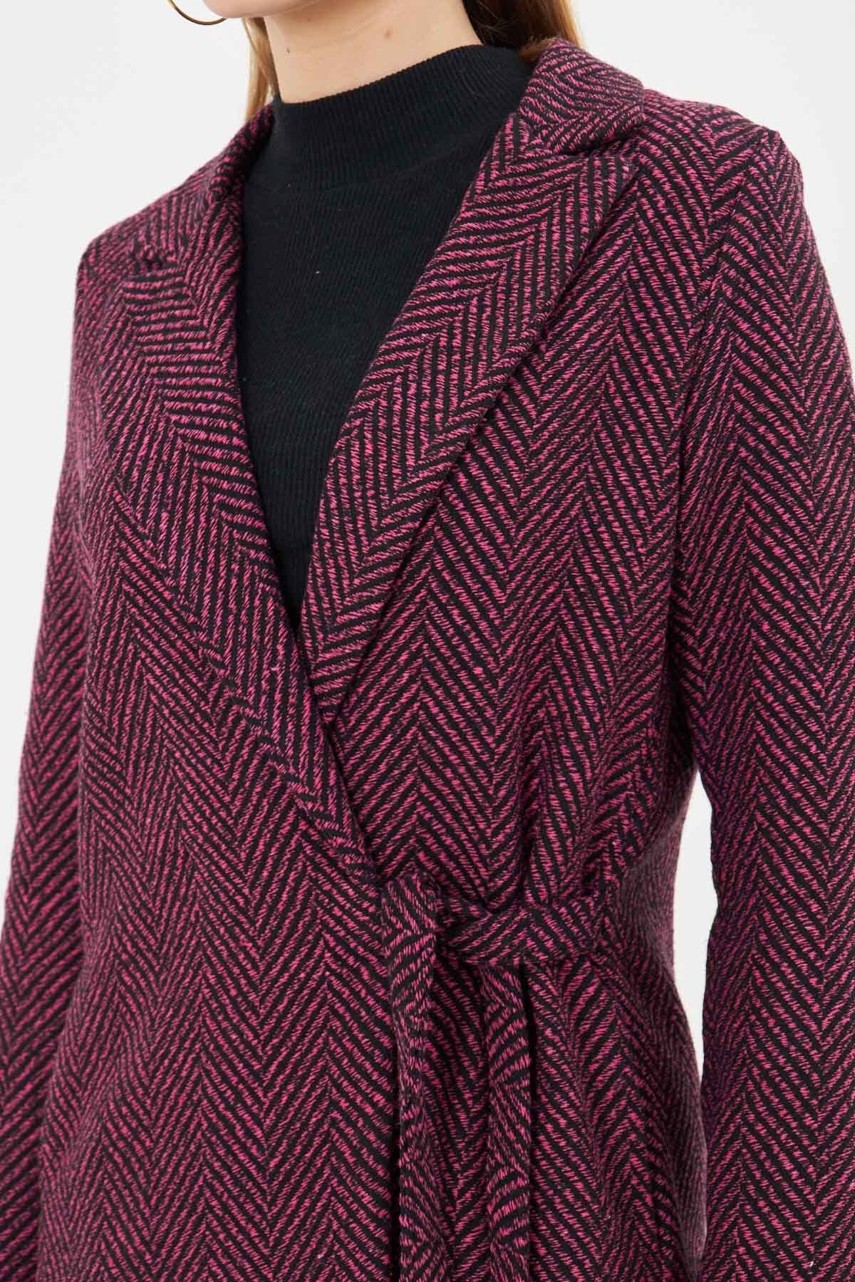 Women's Fuchsia side-binding fish back pattern long stamp coat ARM-24K001010