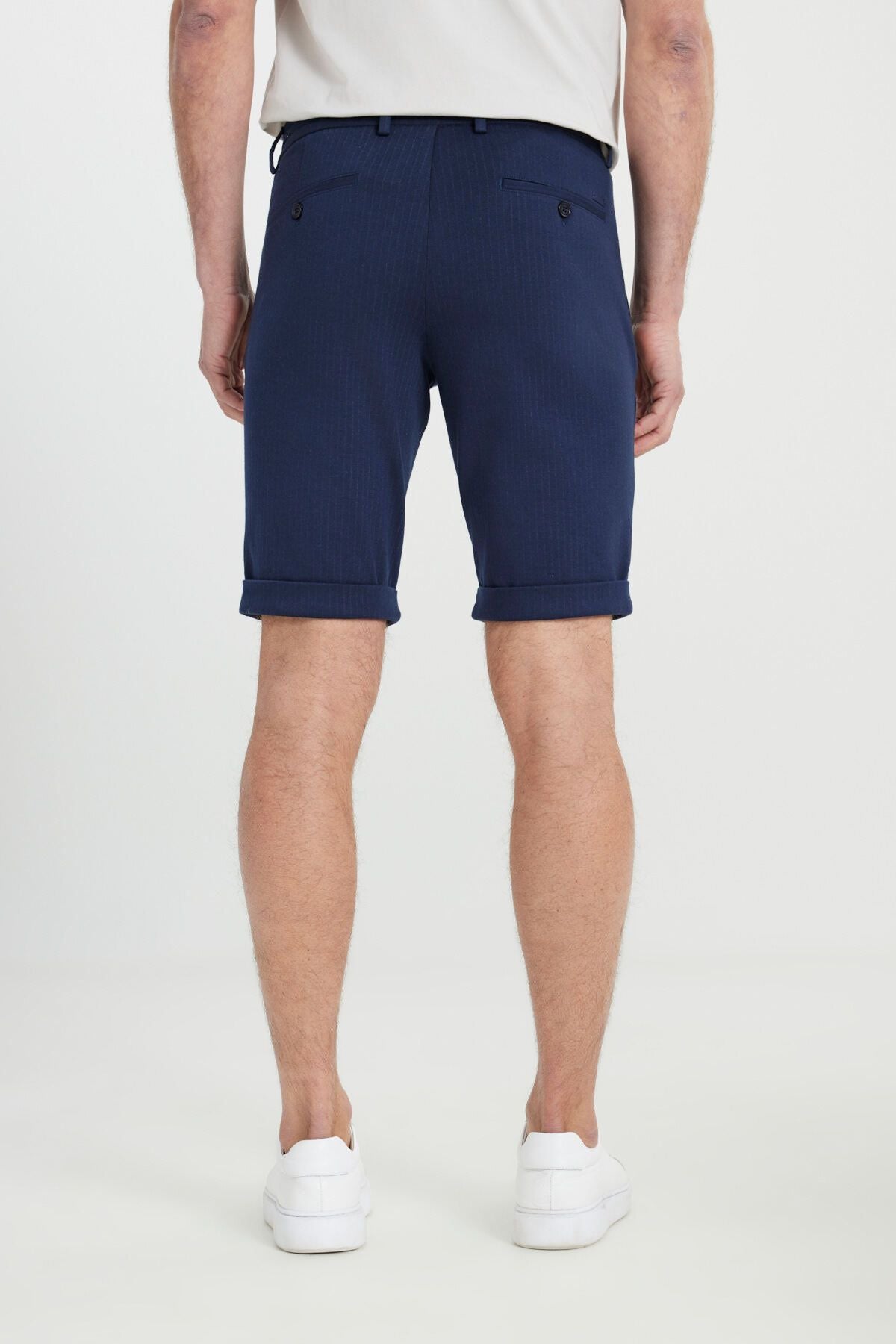 Men's navy blue cotton slim fit narrow cutting waist tied -up side pocket striped shorts