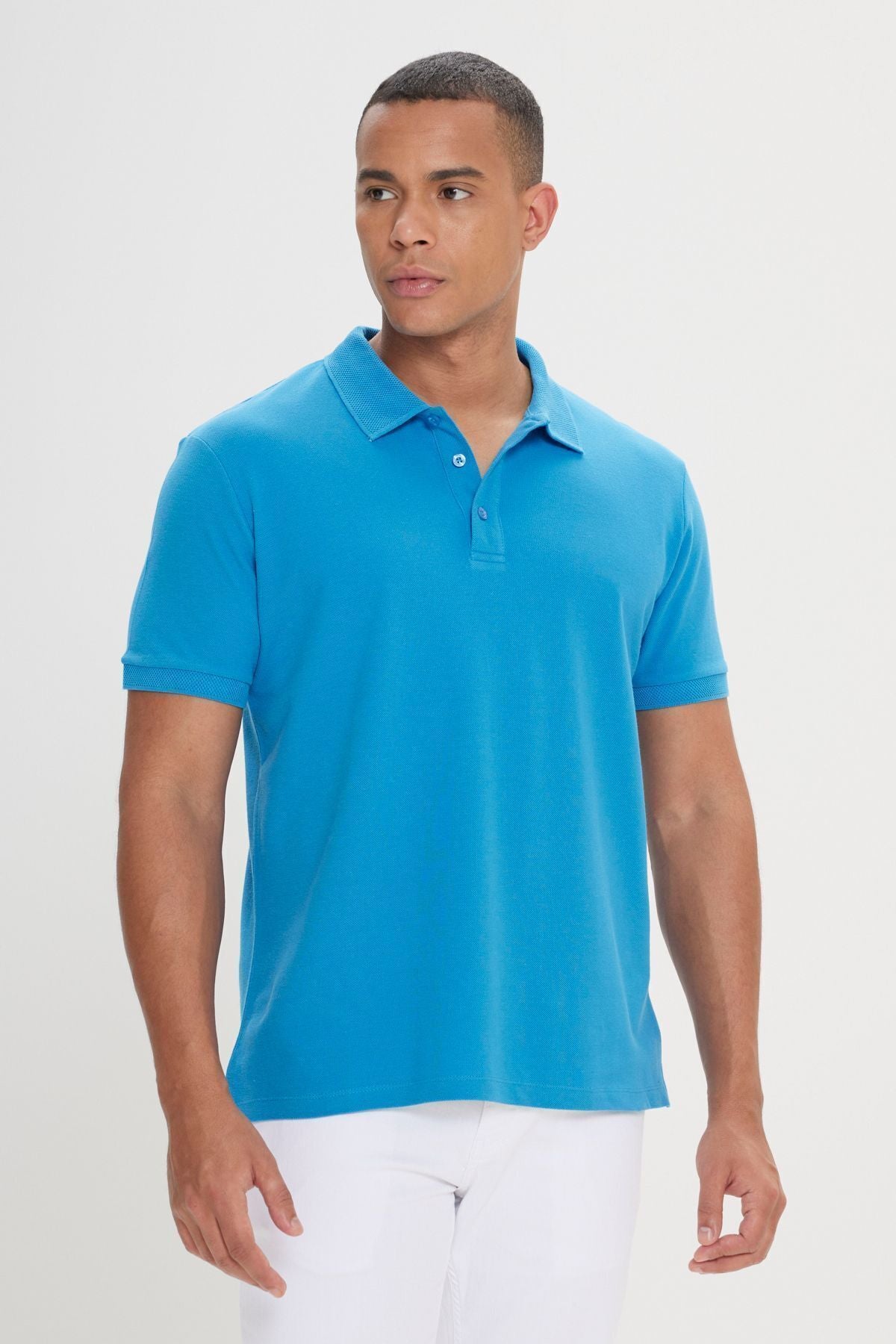 Men's turquoise 100 %cotton curved pike polo collar slim fit narrow cut t -shirt