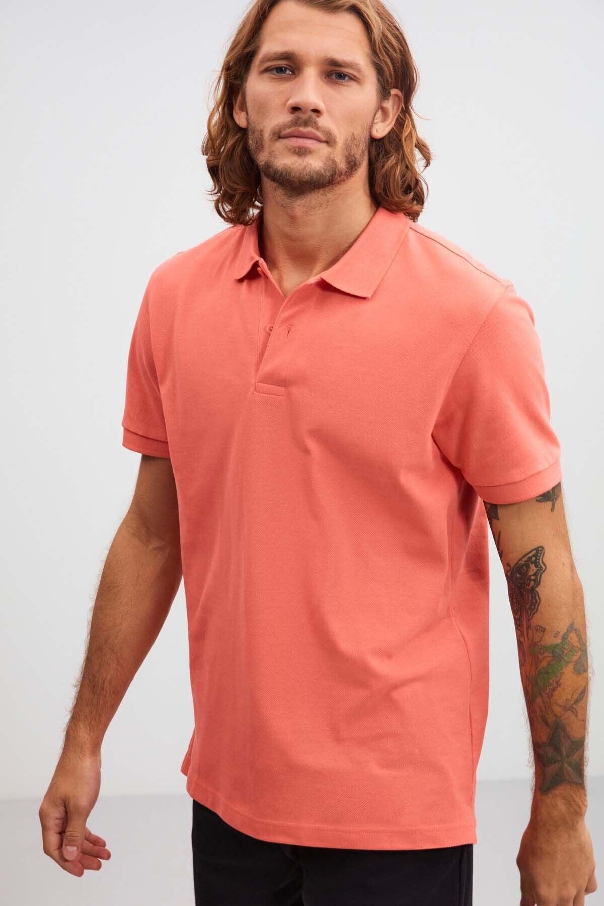 Morgan Men's Regular Mold 100 %Cotton Pink Polo Yaka T-shirt