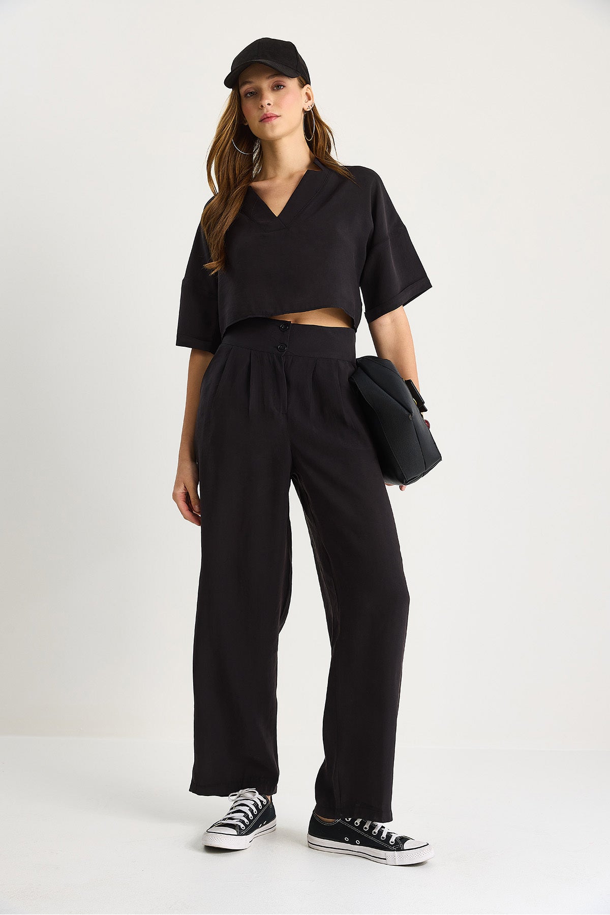 Women's V-Neck Crop Double-Button Trousers Modal Top-Bottom Suit 9330-1 60283505