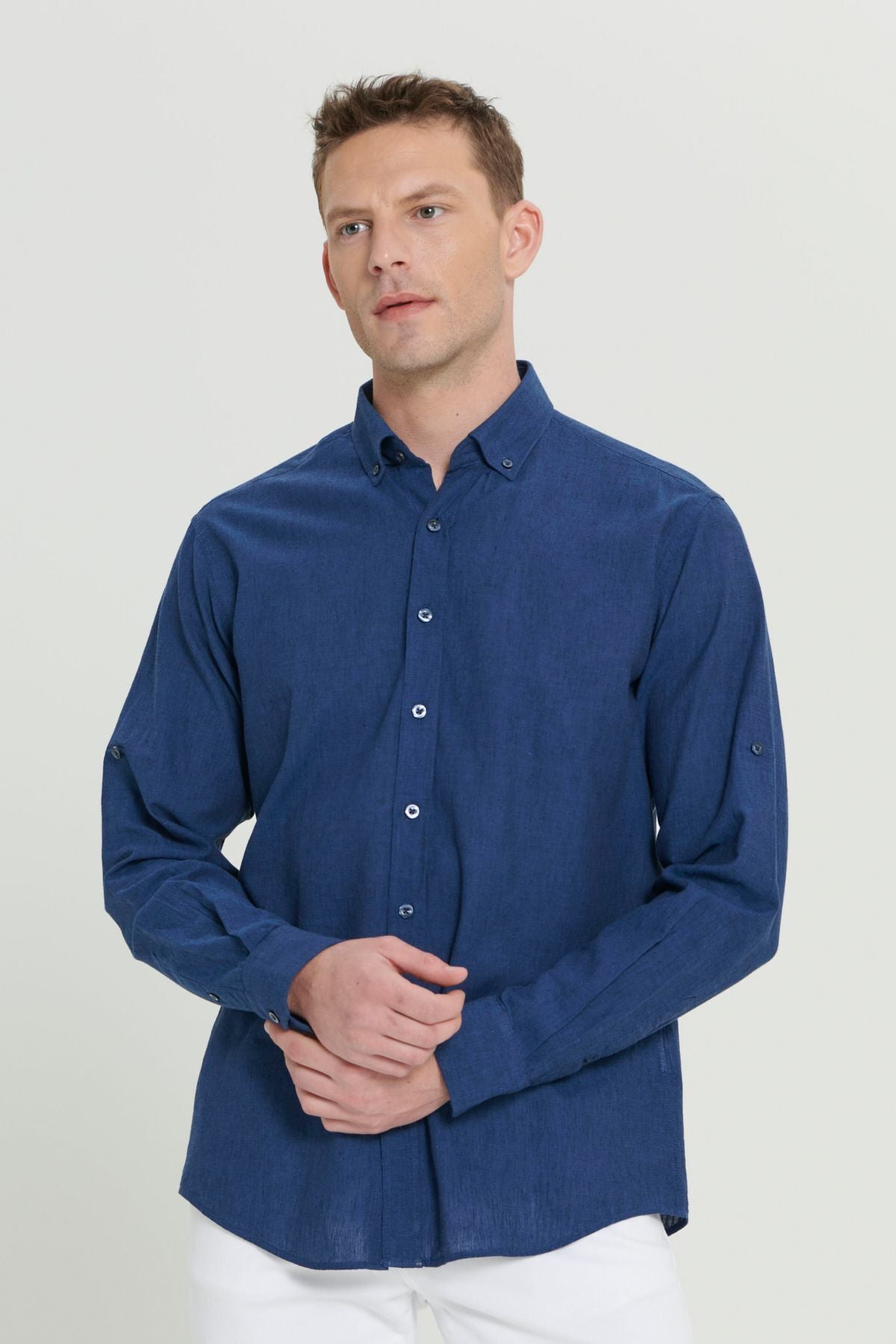 Men's Indigo Kenen Comfort Fit Casual Cutting Buttoned Neck Casual Shirt