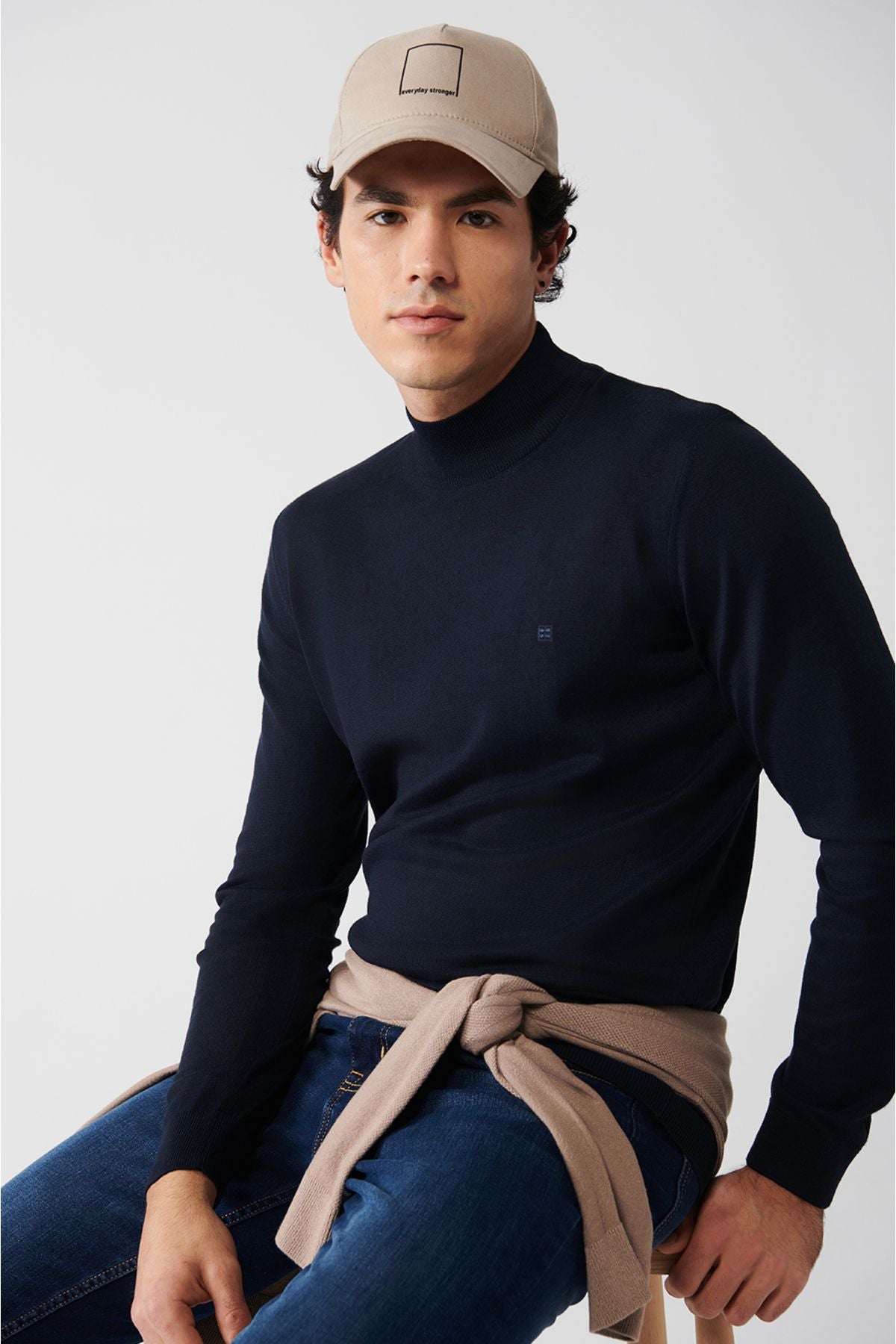 Men's navy blue half fisherman collar wool mixed knitwear sweater B005015