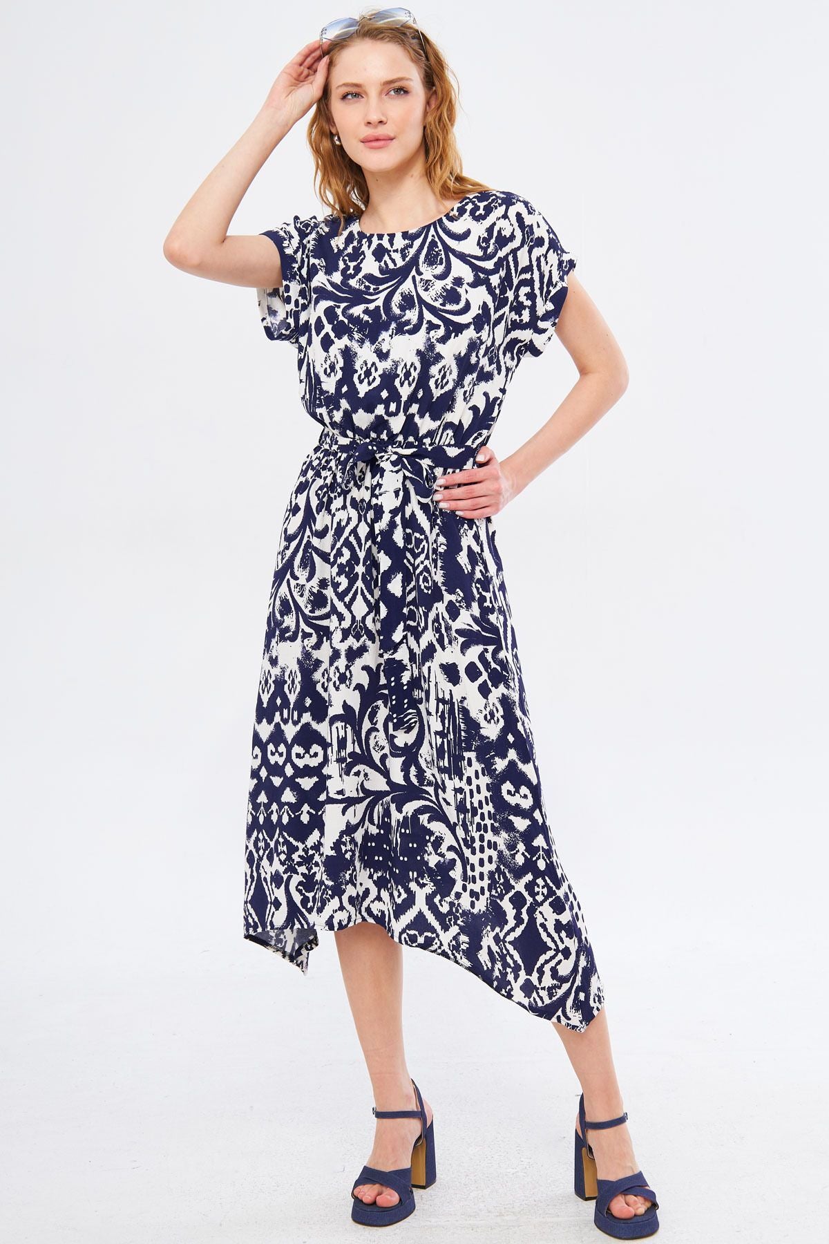 Woman Dark Navy Blind Waist Luckling Patterned Dress ARM-221044