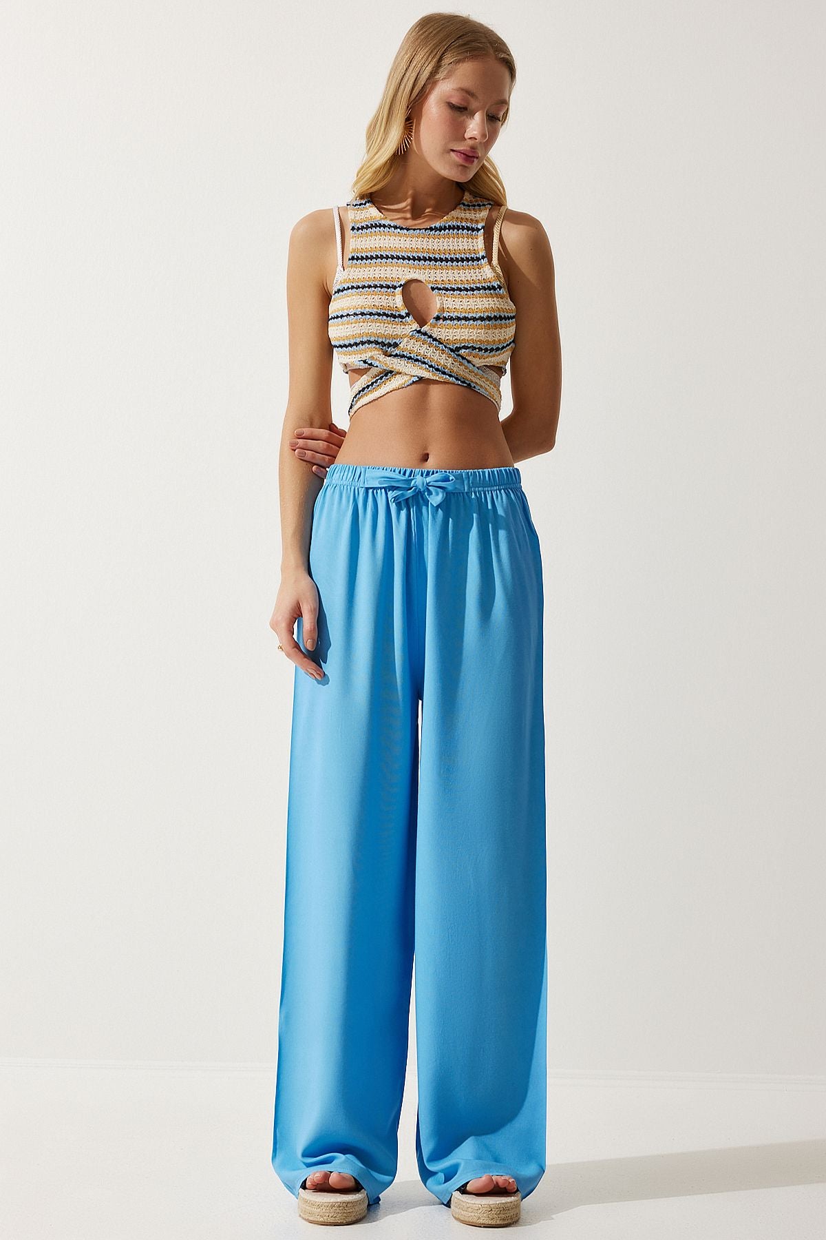 Woman Sky Blue Summer Viscose Palazzo Pants EN00610