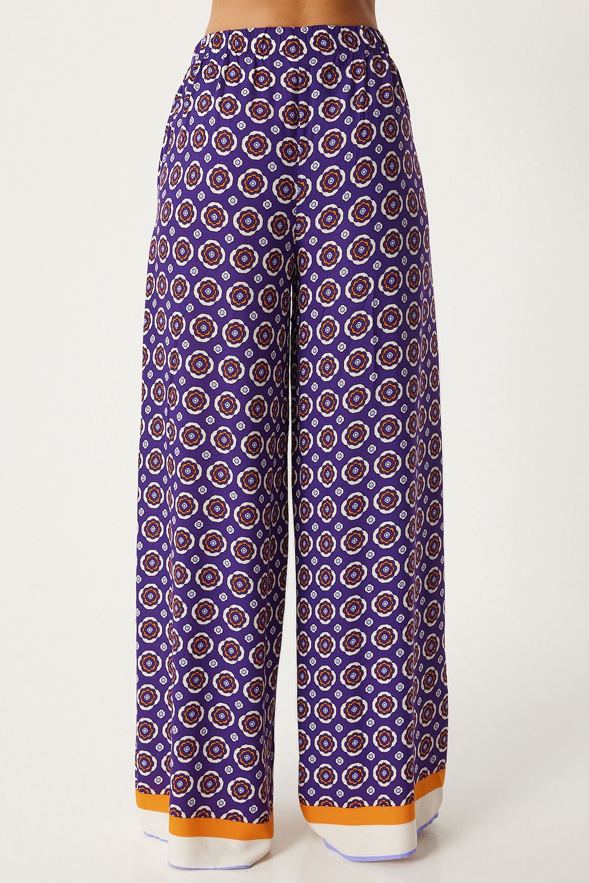 Woman purple white patterned summer viscose shirt palazzo pants set FN03272