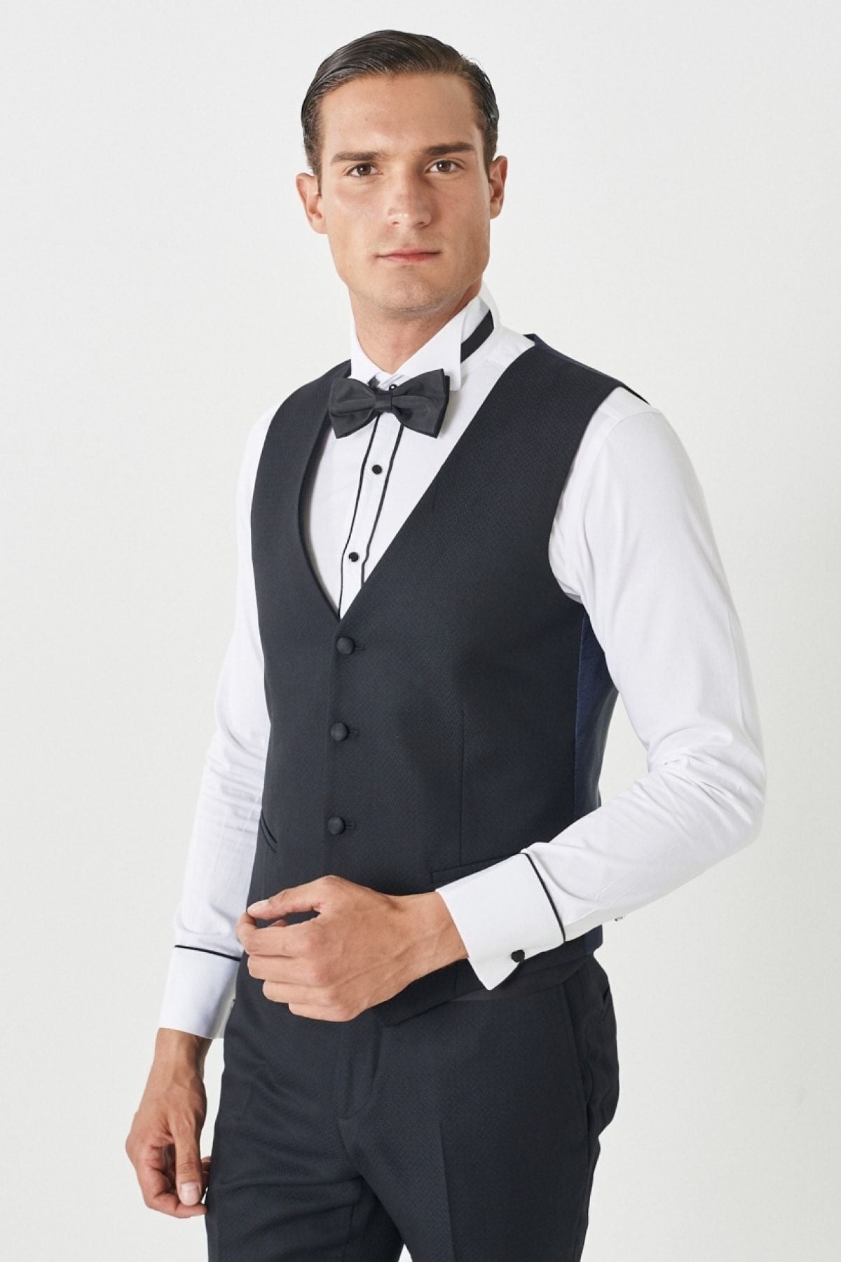 Men's Navy Blue Slim Fit Narrow Cut Swallow Collar Patterned Vest Tuxedo Set