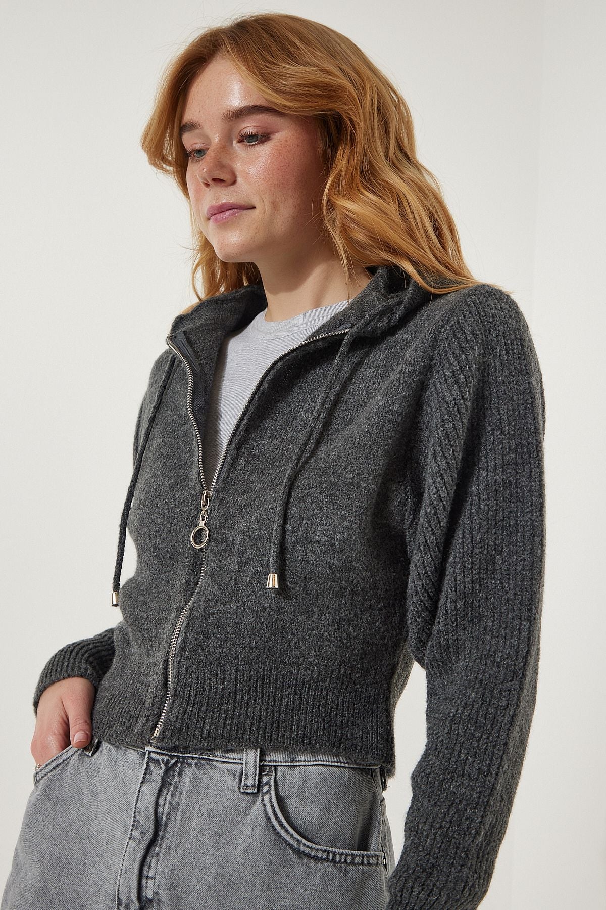Female anthracit hooded zipper knitwear cardigan yy00203