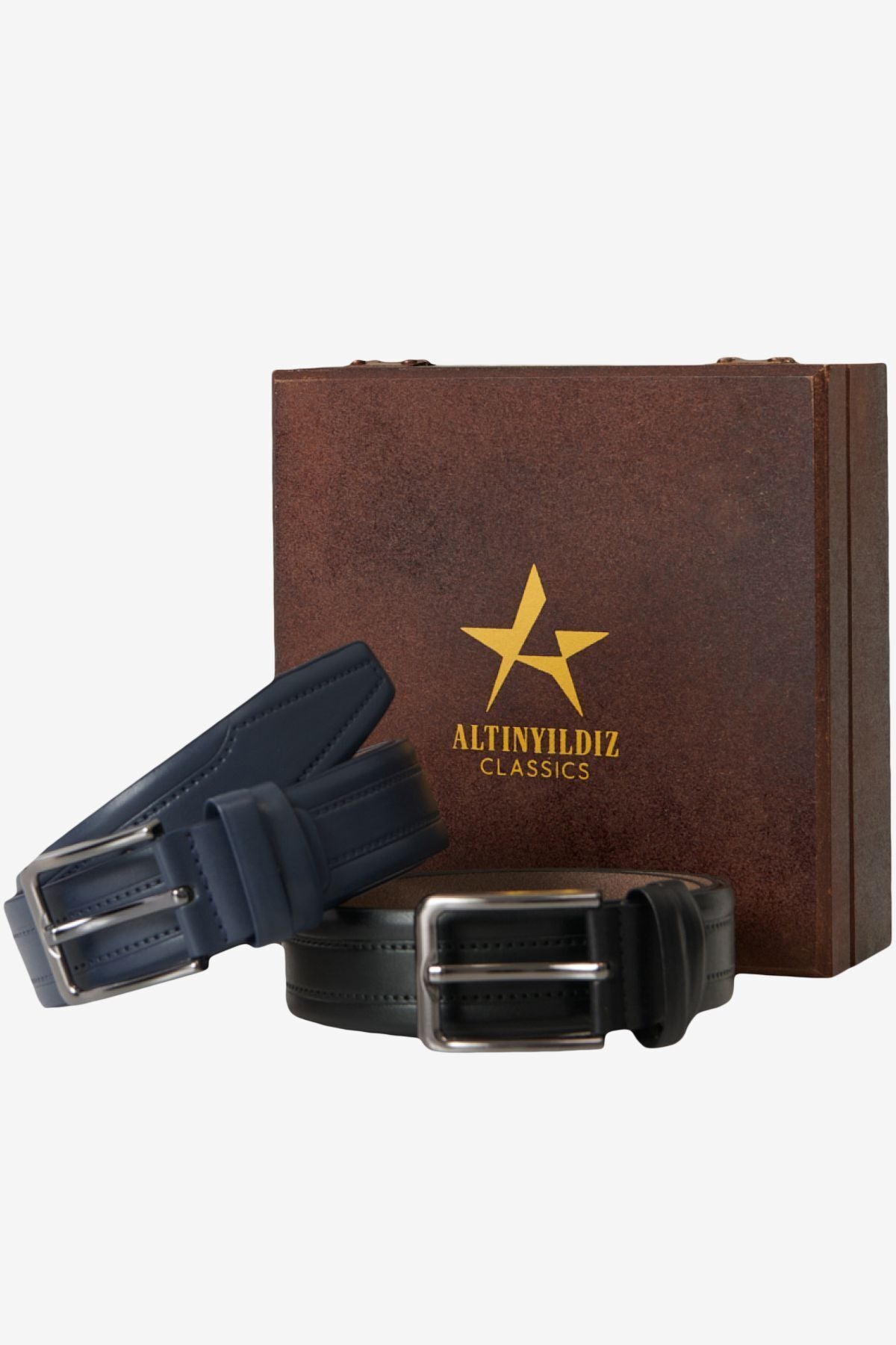 Men's Black-Lacivert Special Wooden Gift Boxed 2 Casual Belt Set Damat Bundle