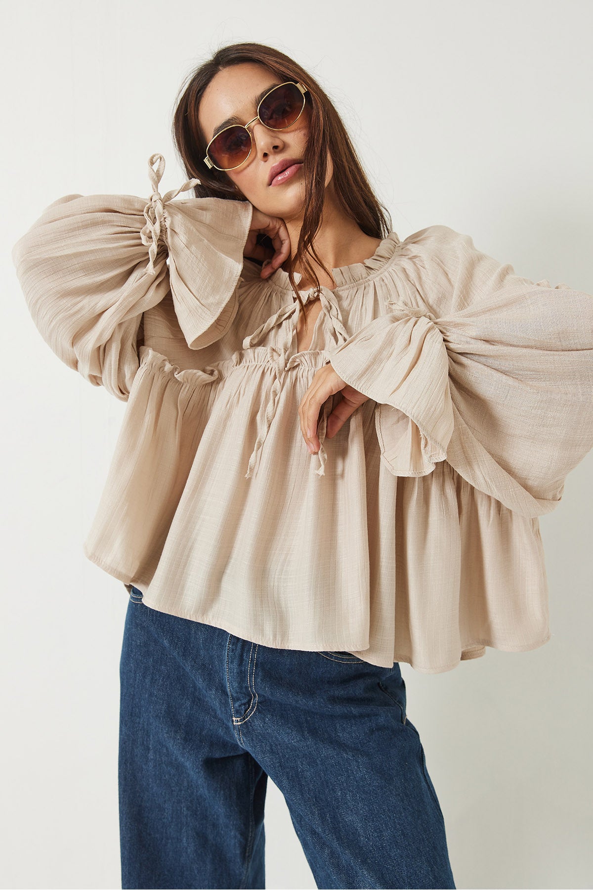 Women's Tie Detailed Balloon Sleeve Loose Seersucker Blouse 252 60282002