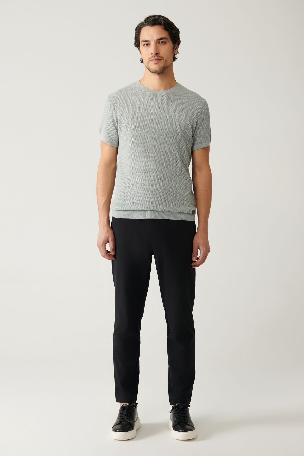 Men's gray bike collar textured cotton knitwear T-shirt E005027