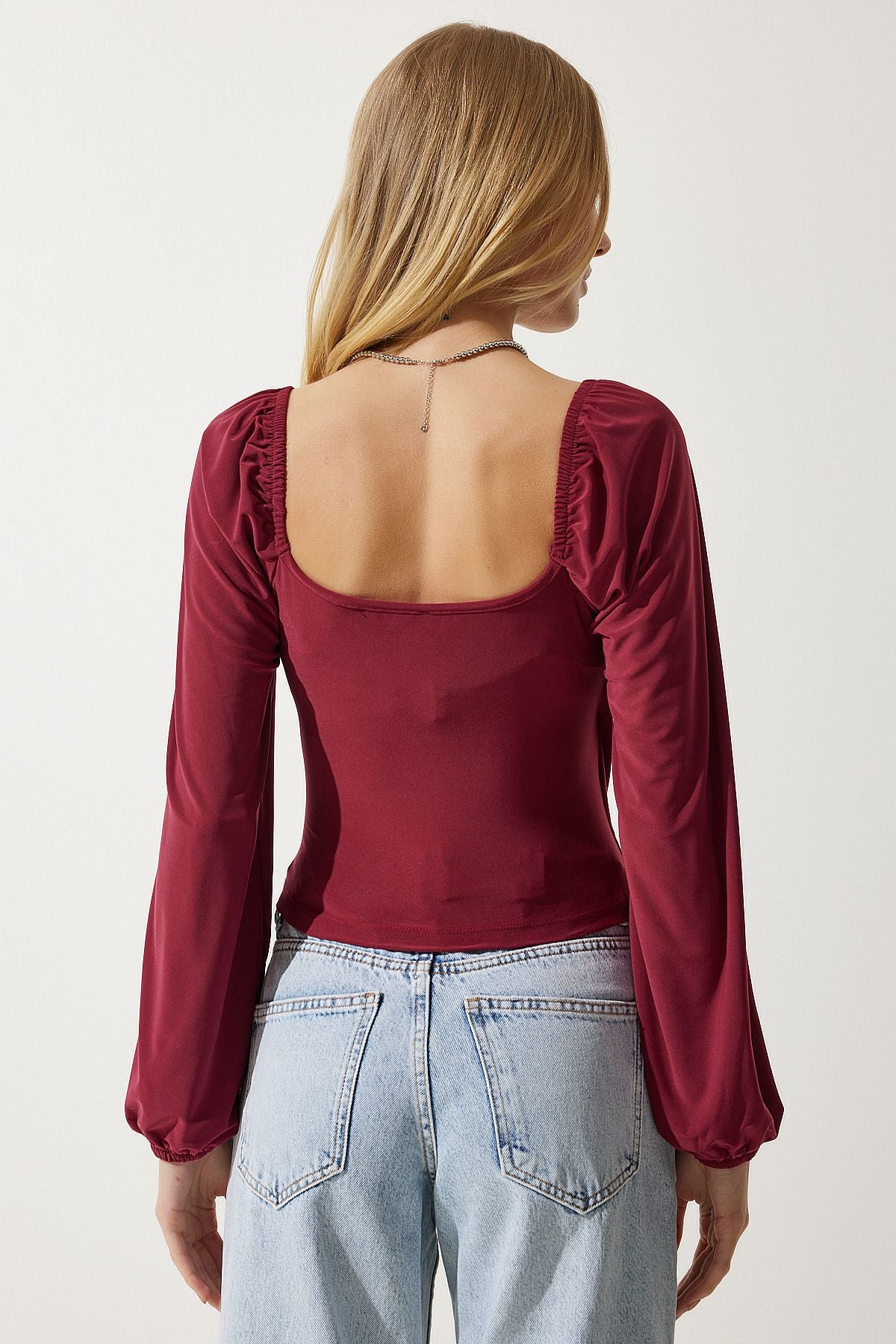 Female cherry elastic balloon sleeve sandy knit blouse FF00154